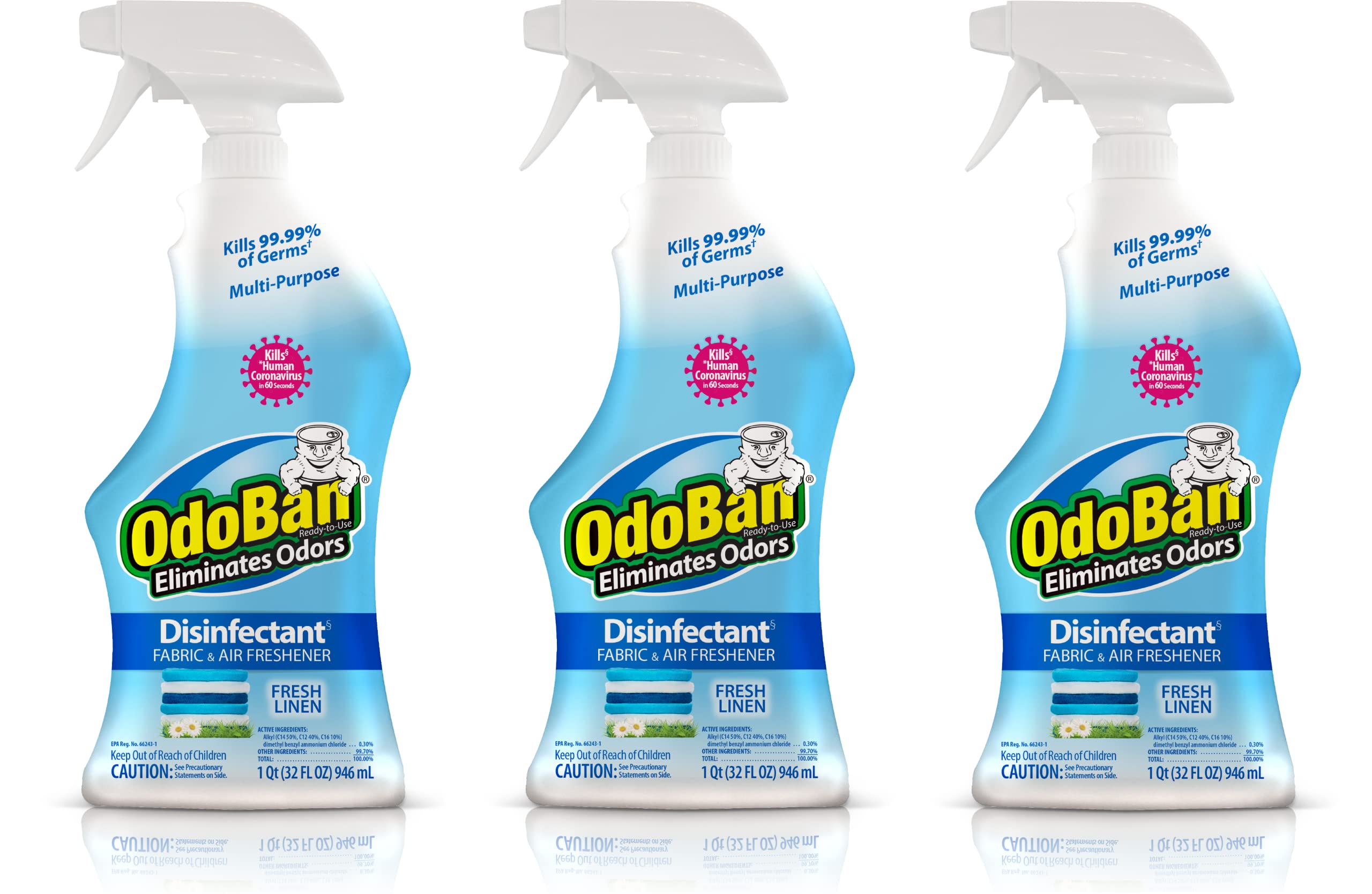 OdoBan Ready-to-Use Disinfectant and Odor Eliminator, Set of 3 Spray Bottles, 32 Ounces Each, Fresh Linen Scent