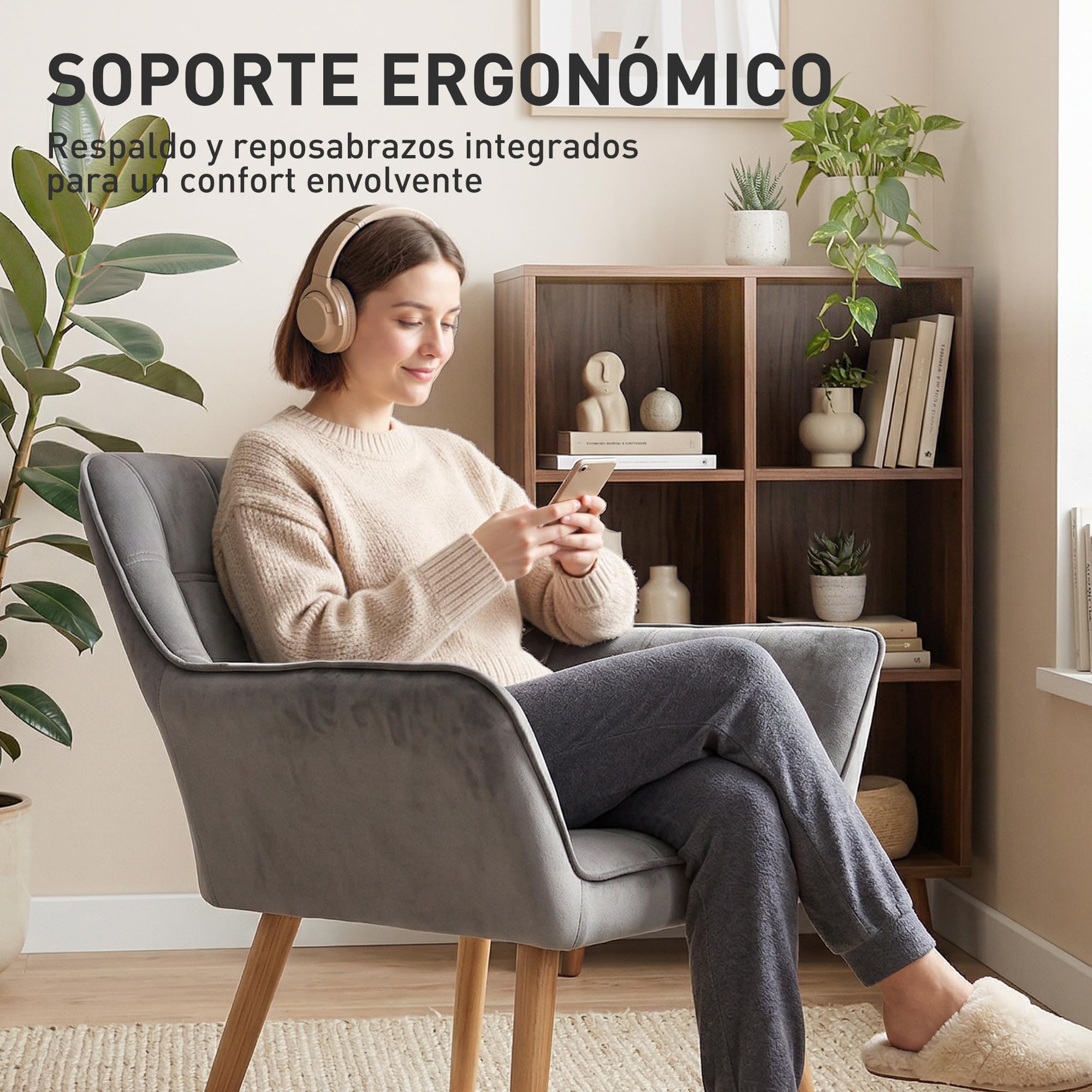 HOMCOM Butaca de Salón Moderna, Sillón Lectura Tapizado en Terciopelo con Patas de Madera, Fácil Montaje, Sillón Relax para Sala de Estar, Dormitorio y Balcón, Gris