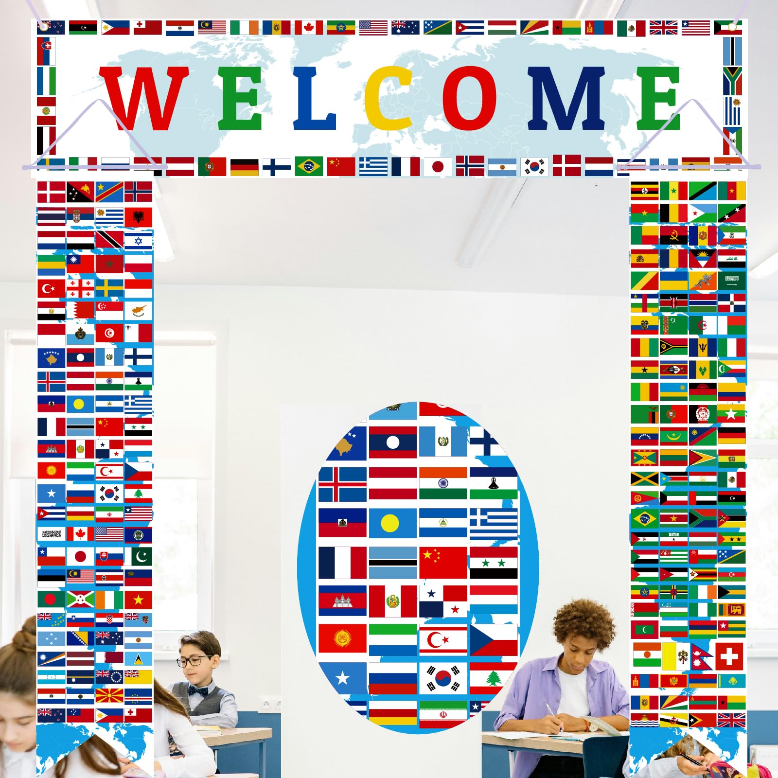 3pcs Over 200 International Flag Banner 71 Inch Classroom Welcome Banner Country Flags World Flag Bunting Porch Sign for Sports Events Soccer Birthday