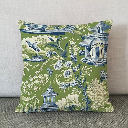 Miniatura 2 de Funda de almohada de jardín con diseño de pagoda, estilo chinoiserie, color verde, funda de cojín asiática, 18 x 18 pulgadas, decoración rústica del