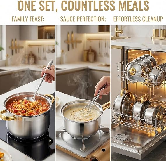 Stainless Steel Cookware Set,5 Cooking Piece Pot and Saucepan Set with Lids