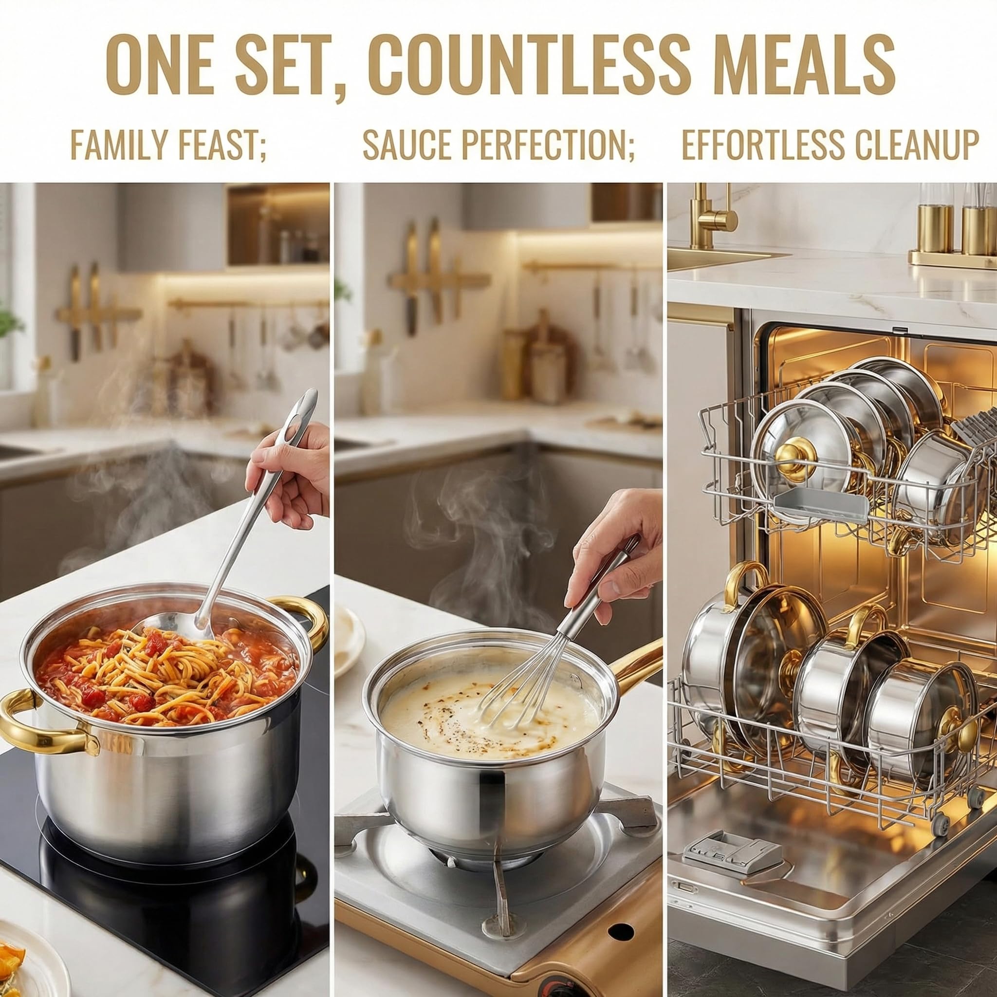 Set di pentole e padelle in acciaio inox – 5 pentole con 5 coperchi, 1 mestolo da zuppa, 1 cucchiaio scanalato, manici antiaderenti e fissi, senza PFOA per cucina Set di pentole