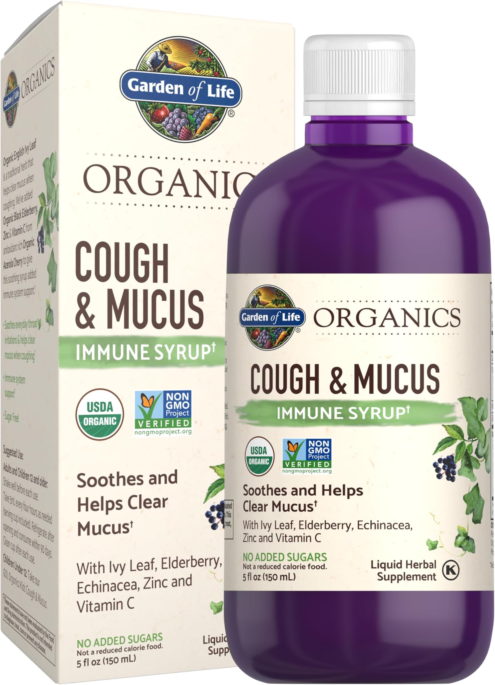 Organics Elderberry Zinc Immune Support for Adults and Kids 12 and Older, Organic Cough & Mucus Immune Syrup with Ivy Leaf, Vitamin C and Echinacea, No Added Sugars, 5 Fl oz