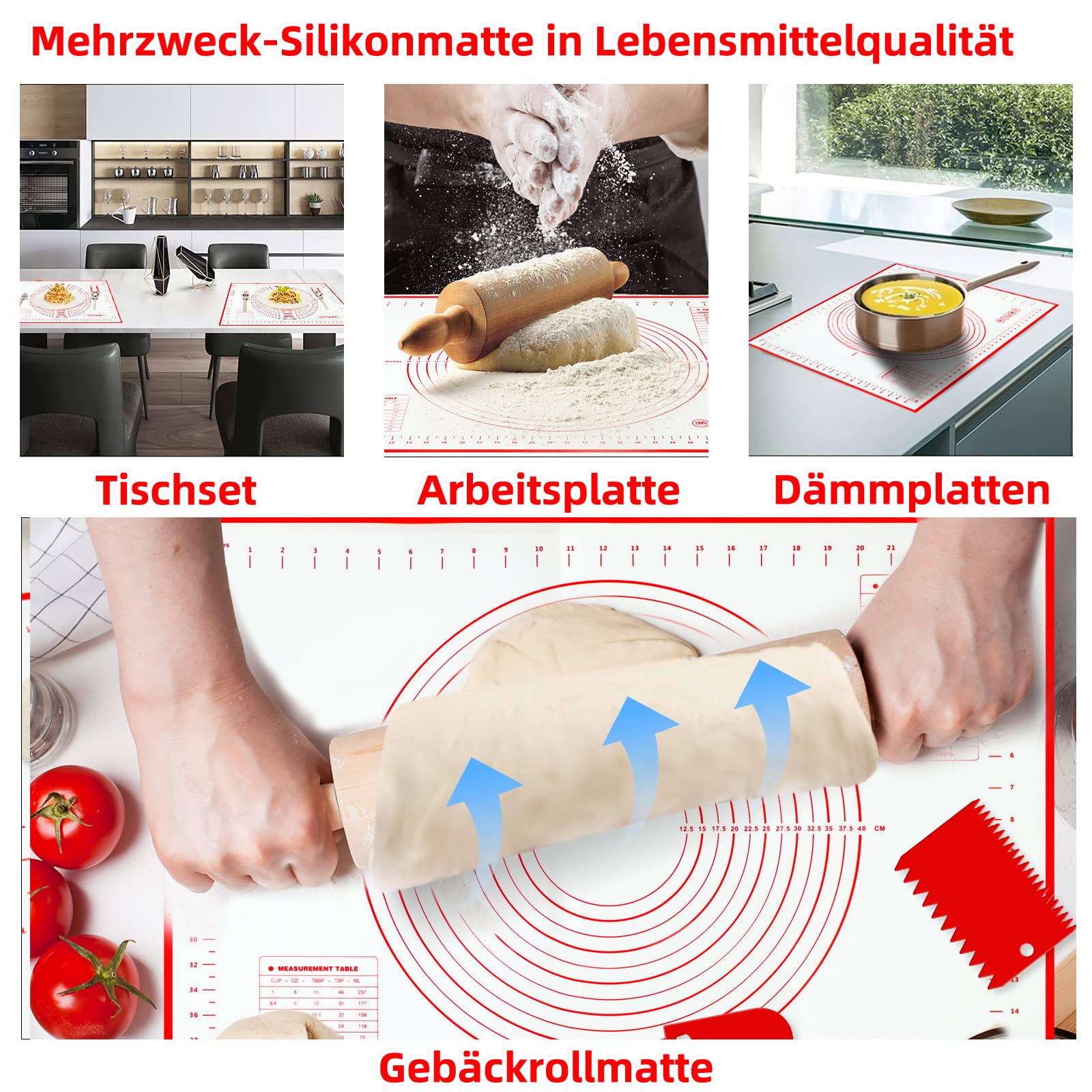 Alfombrilla de silicona para hornear, 60x40 cm, antiadherente, alfombrilla de extrusión con medición, reutilizable, accesorio para hornear con 3 espátulas para masa, fondant, galletas, pizza