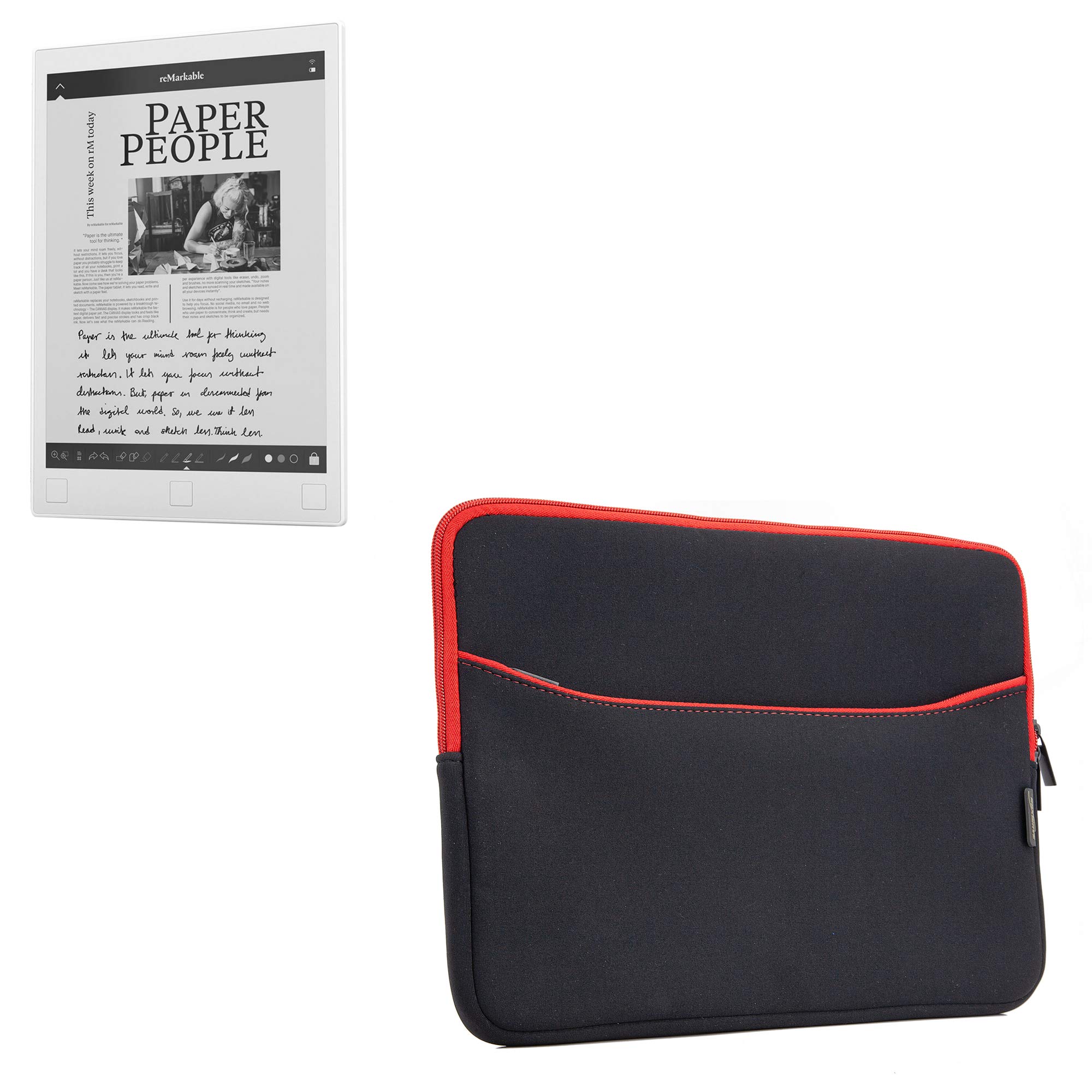 BoxWave Case Compatible with Remarkable Paper Tablet (1st Gen) - SoftSuit with Pocket, Soft Pouch Neoprene Cover Sleeve Zipper Pocket - Jet Black with Red Trim