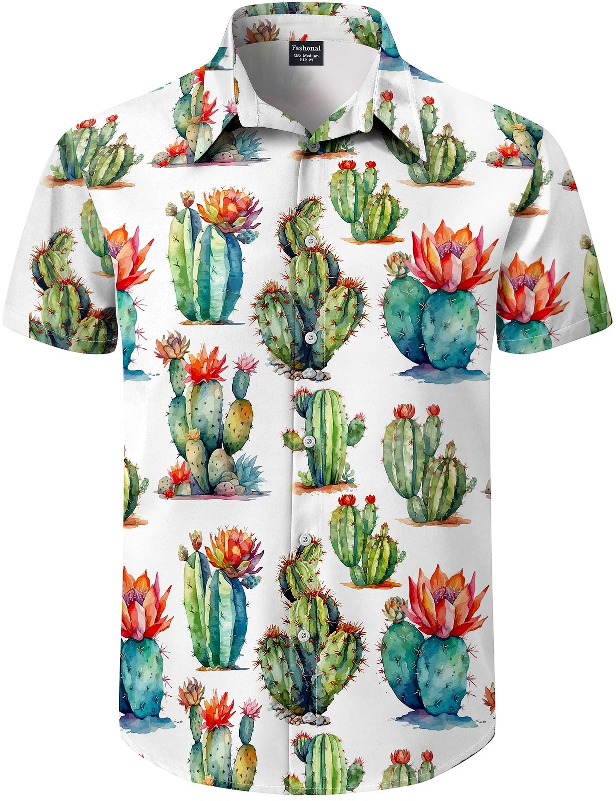 Fashonal Men's Cactus Hawaiian Shirt Button Down Tropical Beach Short Sleeve Aloha Shirt, Medium