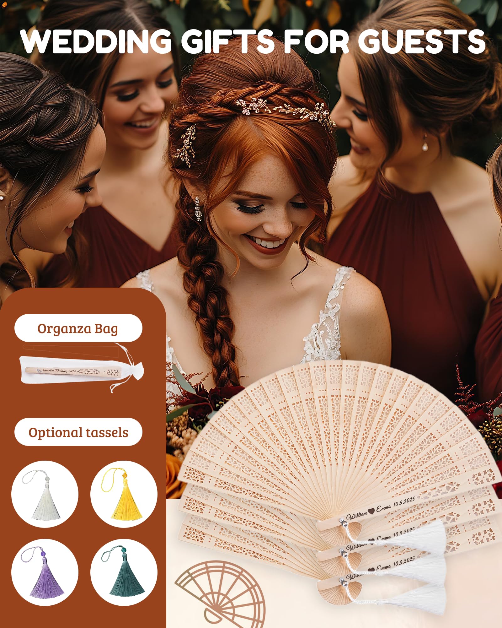10 Piezas Abanicos de Madera Personalizados Abanicos Plegables de Madera de Sándalo para Fiesta Regalo de Novia Regalo de Boda para Invitados (10)