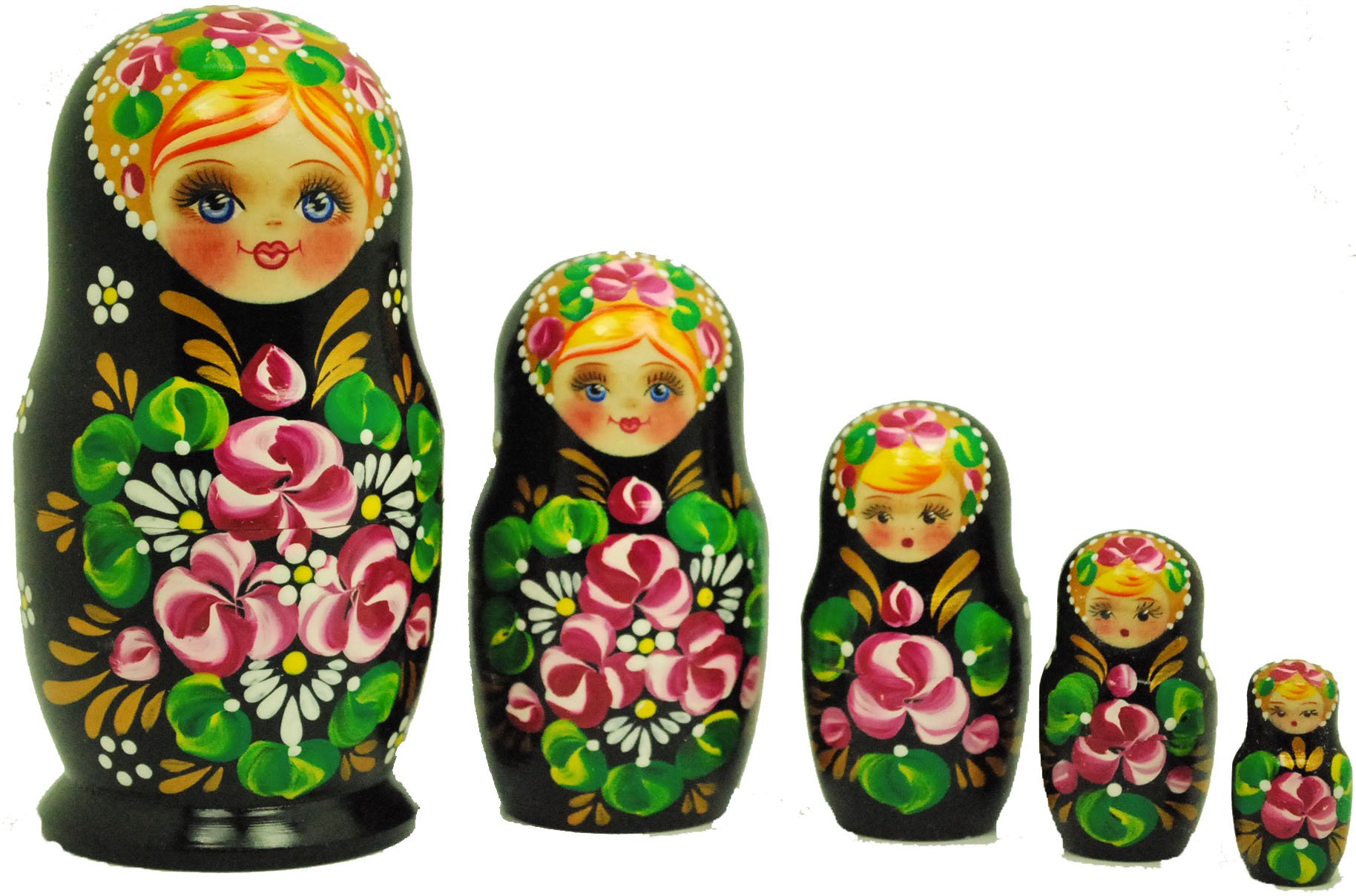 Beautiful Authentic Russian Hand Painted Black Pink Flower Nesting Dolls Set of 5 Matryoshkas