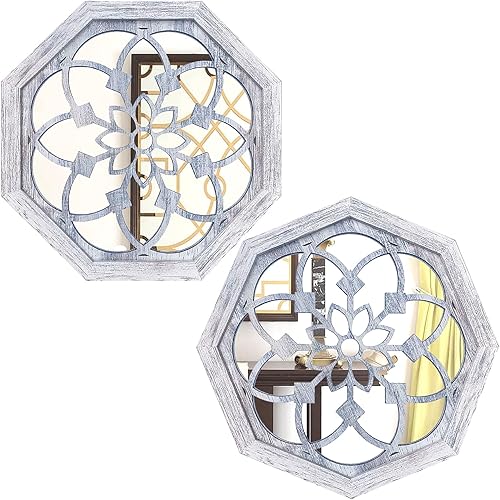 ZOLAPI 2 espejos octágonos montados en la pared espejo vintage de granja para decoración de pared espejo decorativo de color blanco rústico para