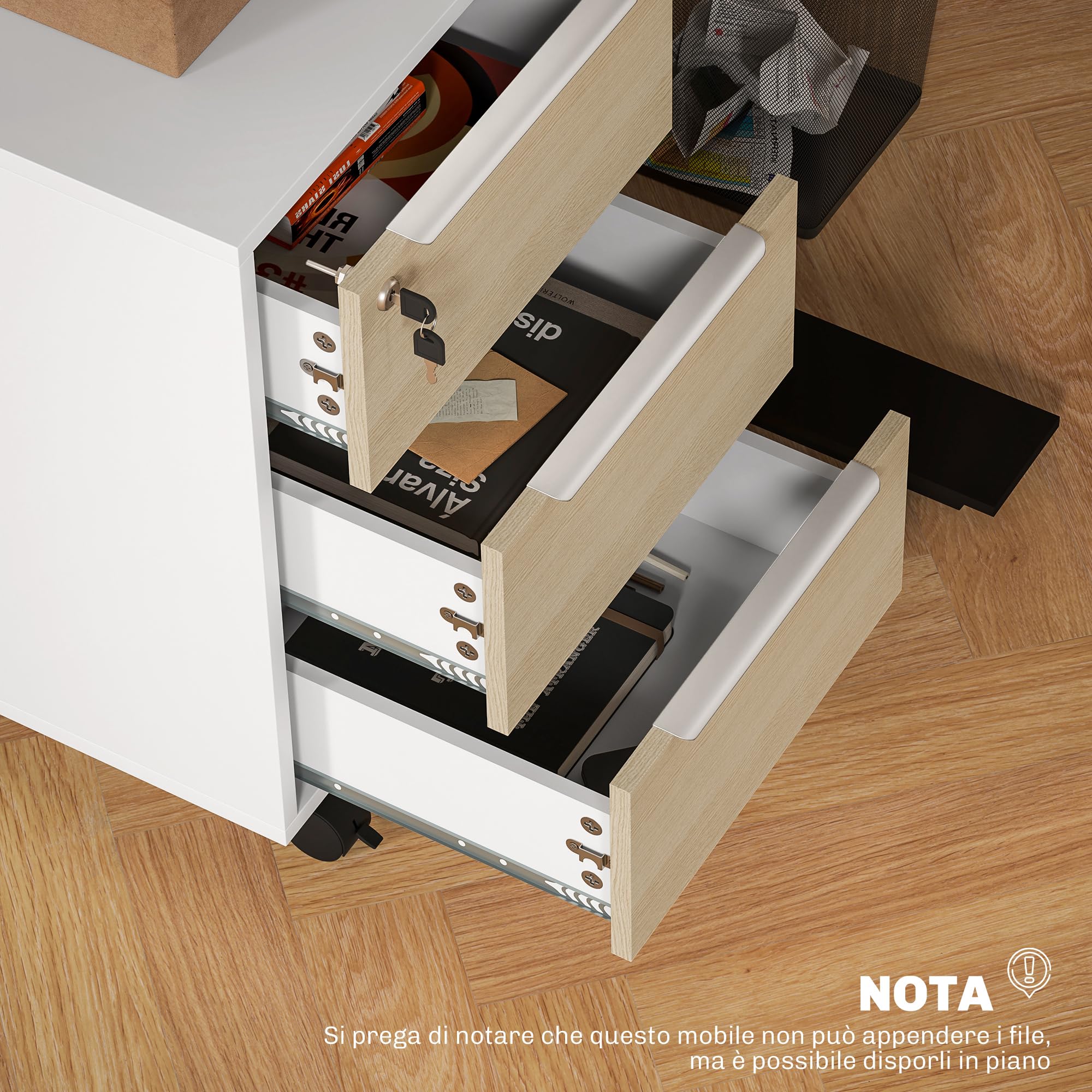 HOMCOM Schedario da Ufficio con 3 Cassetti, 4 Ruote, Cassettiera Ufficio con Serratura e 2 Chiavi per Lettera/Formato A4, Armadietto Verticale per Studio, 40x40x63.5 cm, Bianco e Rovere