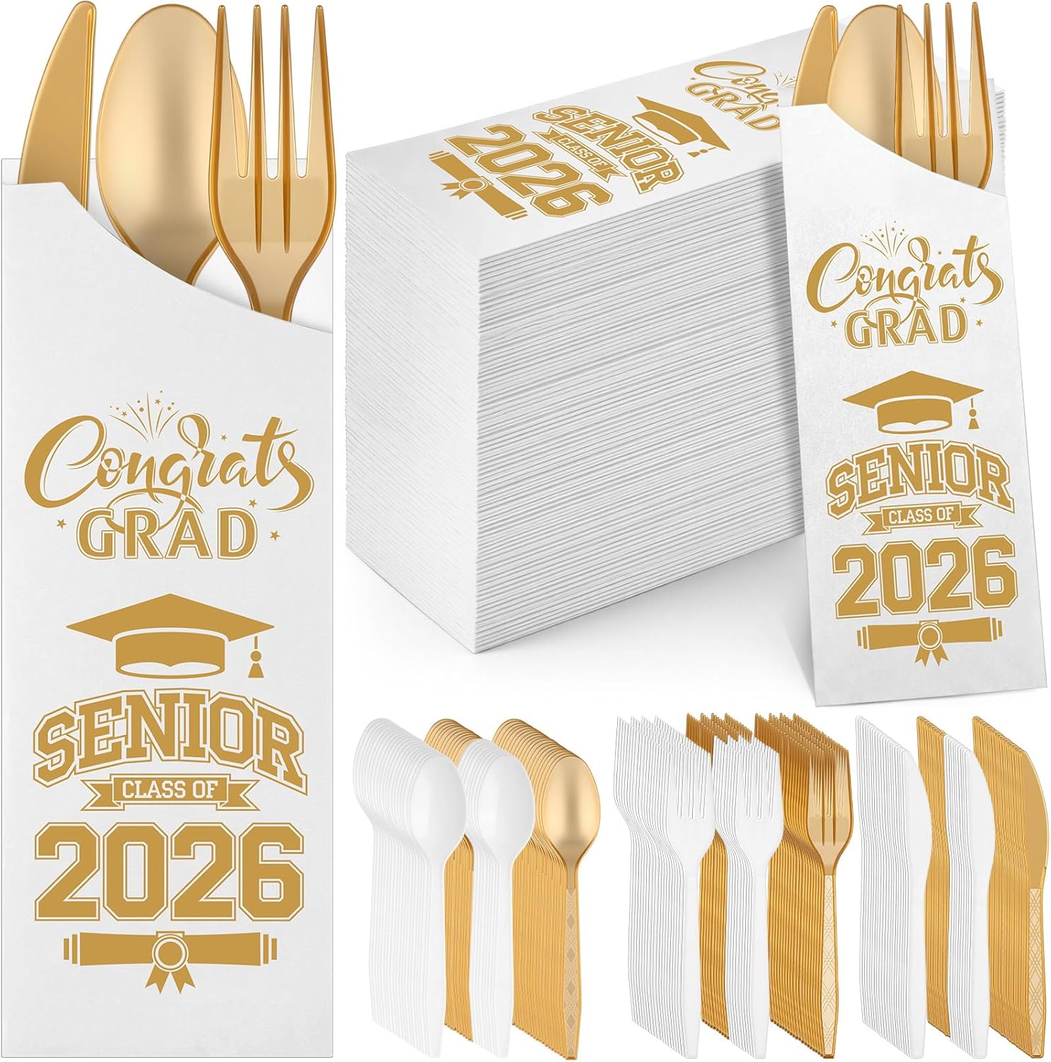 Funnymoom 400 Pcs 2026 Graduation Wrapped Silverware Bags Holder - Disposable Dinnerware Set Includes Plastic Spoons Knives and Forks, Class of 2026 Parties School Congrats Supplies(White and Gold)