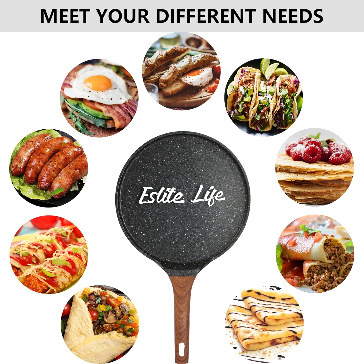 ESLITE LIFE Nonstick Crepe Pan with Spreader, 9.5 Inch Granite Coating Flat Skillet Tawa Dosa Tortilla Pan, Compatible with All Stovetops (Gas, Electric & Induction), PFOA Free