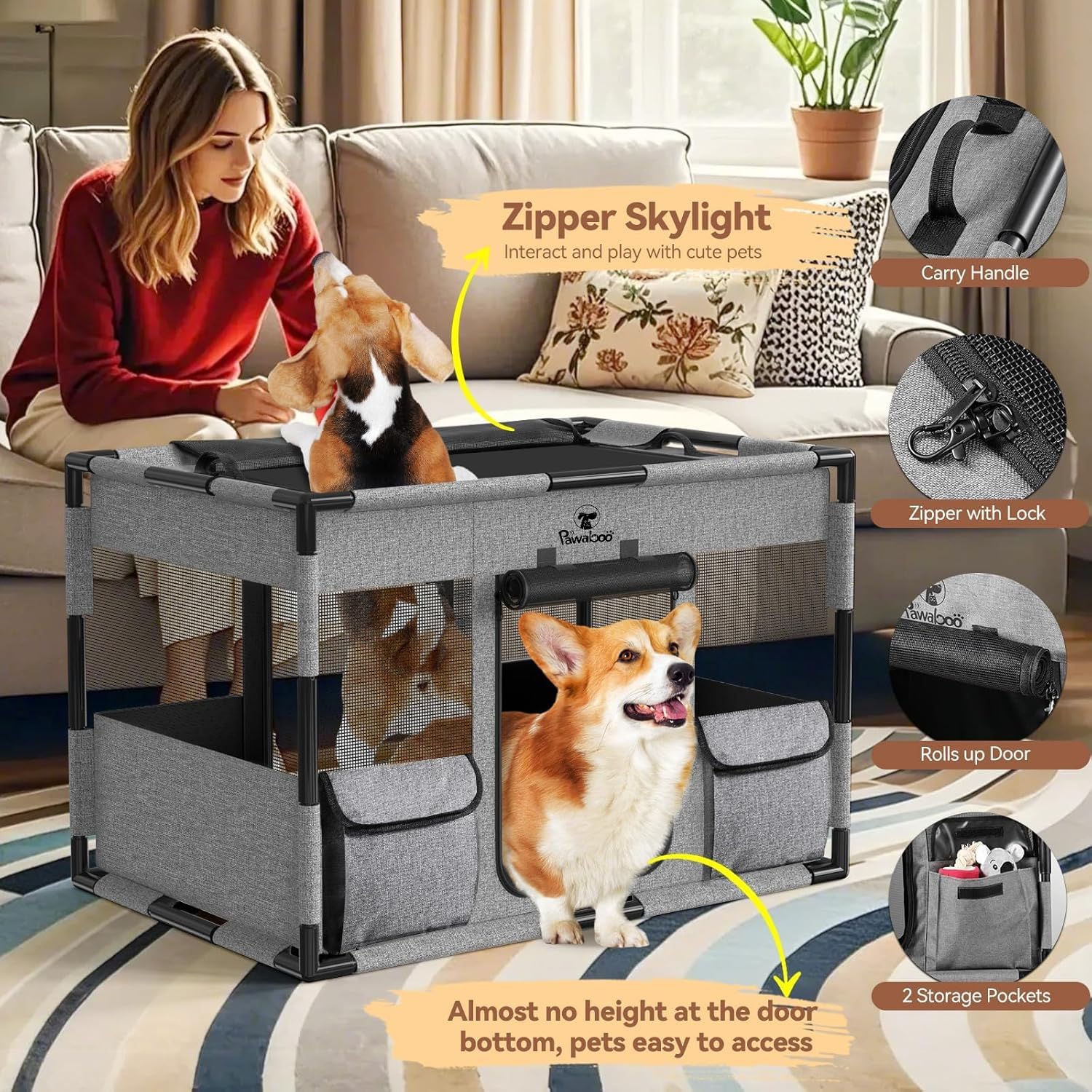 Pawaboo Box per Cani Cassa per Animali Domestici Extra Large, Cuccia per Cani in Rete, PVC Ispessito Telaio del Tubo Tenda, Recinto per Animali Domestici Traspirante, Grande, Nero & Grigio