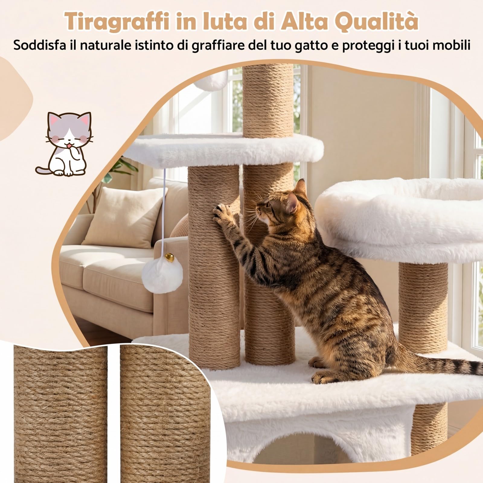 COSTWAY Albero per Gatti, Alberi Tiragraffi Alta 96 cm con Poggiolo Imbottito a Forma di Fiore, Condo Accogliente & Letto per Gatti, 2 Palline con Campanelli Appese & Posti per Graffiare (Bianco)