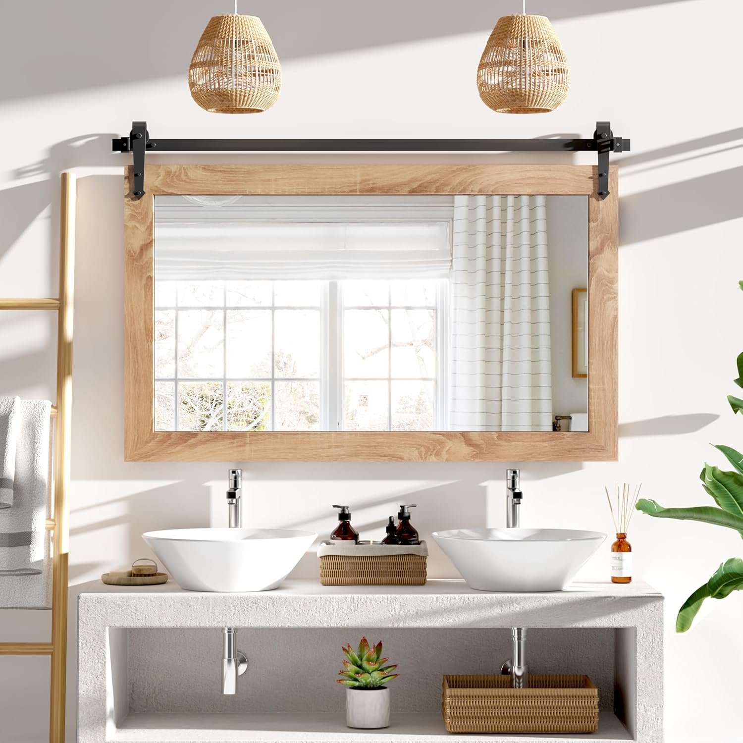 Farmhouse Mirror 40”x24” Bathroom Mirror for Over Sink, Bathroom Vanity Mirrors, Barn Door Style Mirror Farmhouse Decor Brown 40x25