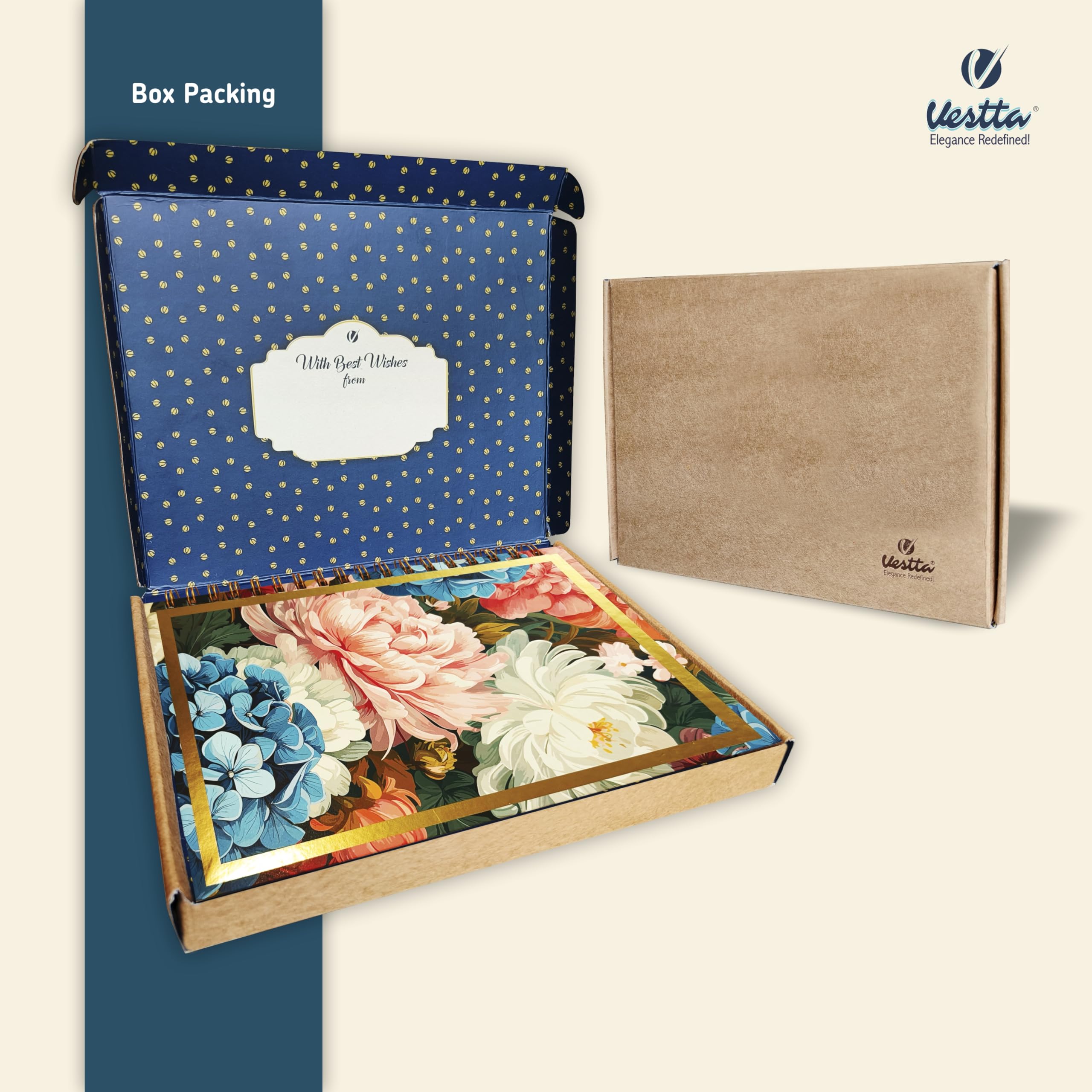 VESTTA -ELEGANCE REDEFINED, B5, Hard Bound Notebook Diary, 7(L) X 9.75 (H) Inches, Matt Lamination, Gold Wiro Binding, Undated, 90 GSM paper, 192 Ruled Pages (Vintage Botanical Floral Series4) 4
