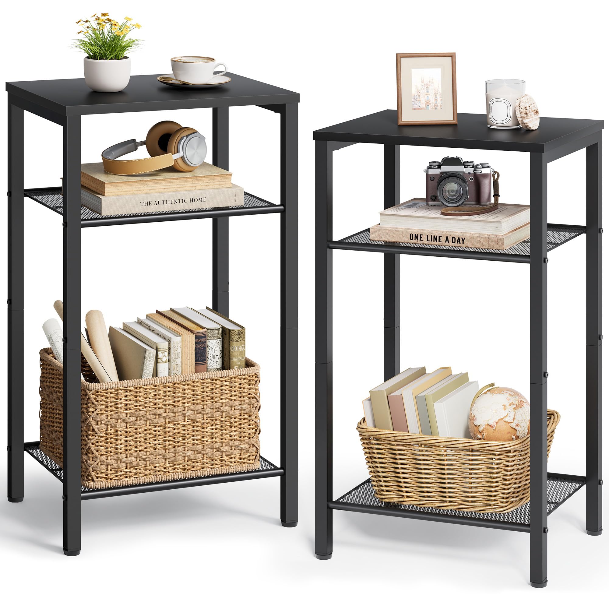Hoctieon 2-Set 3 Tier End Table, Telephone Table Set of 2, Tall Side Table with Storage Set of 2, Small Nightstand for Small Spaces, Metal Frame, Black — image 1