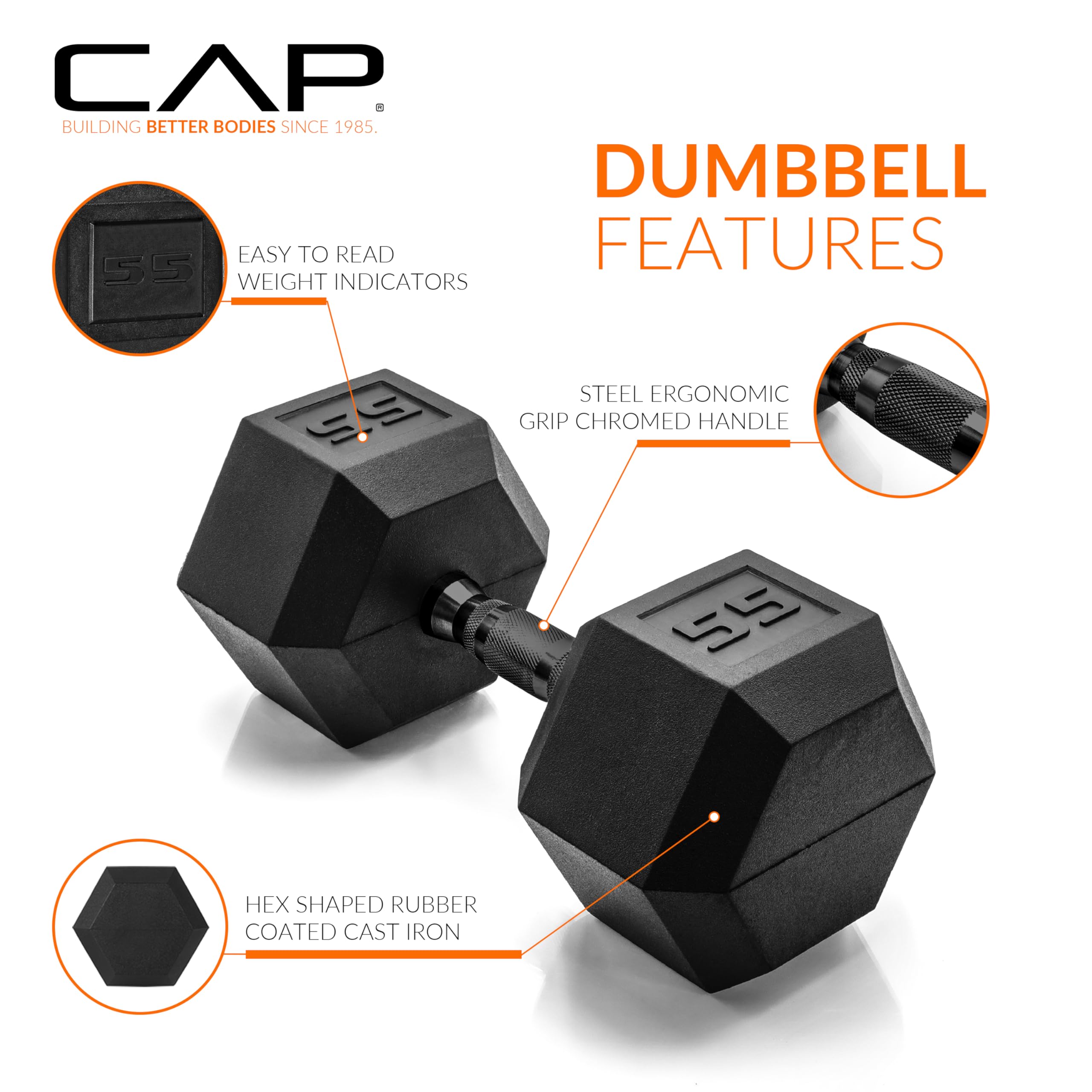 Rubber Coated Dumbbell Weights, Free Weights for Home Gym Strength Training, Anti-Roll Hex Dumbbells with Black, Chrome & Comfort Grip Handles, Singles