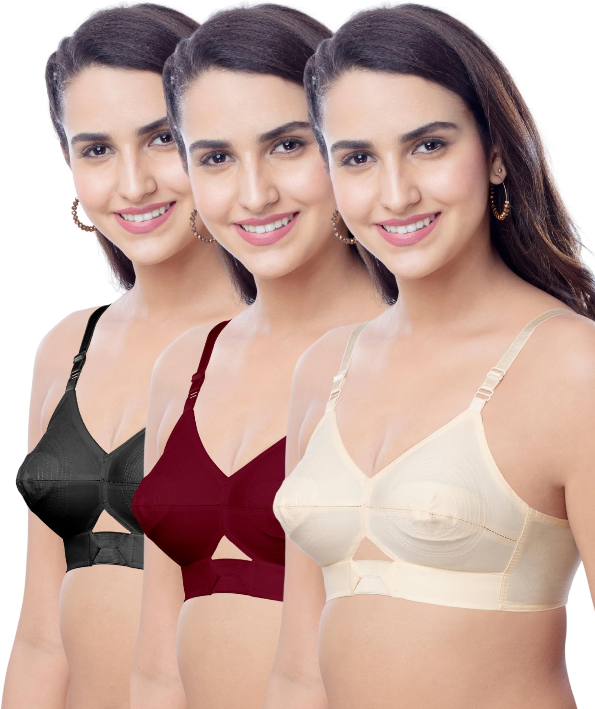 Brida Sajini Women's Cotton Round Stitch Bra | Full Coverage | Single Layered | Non-Padded | Wireless | Saree Bra for Heavy Bust | Daily Use | Combo