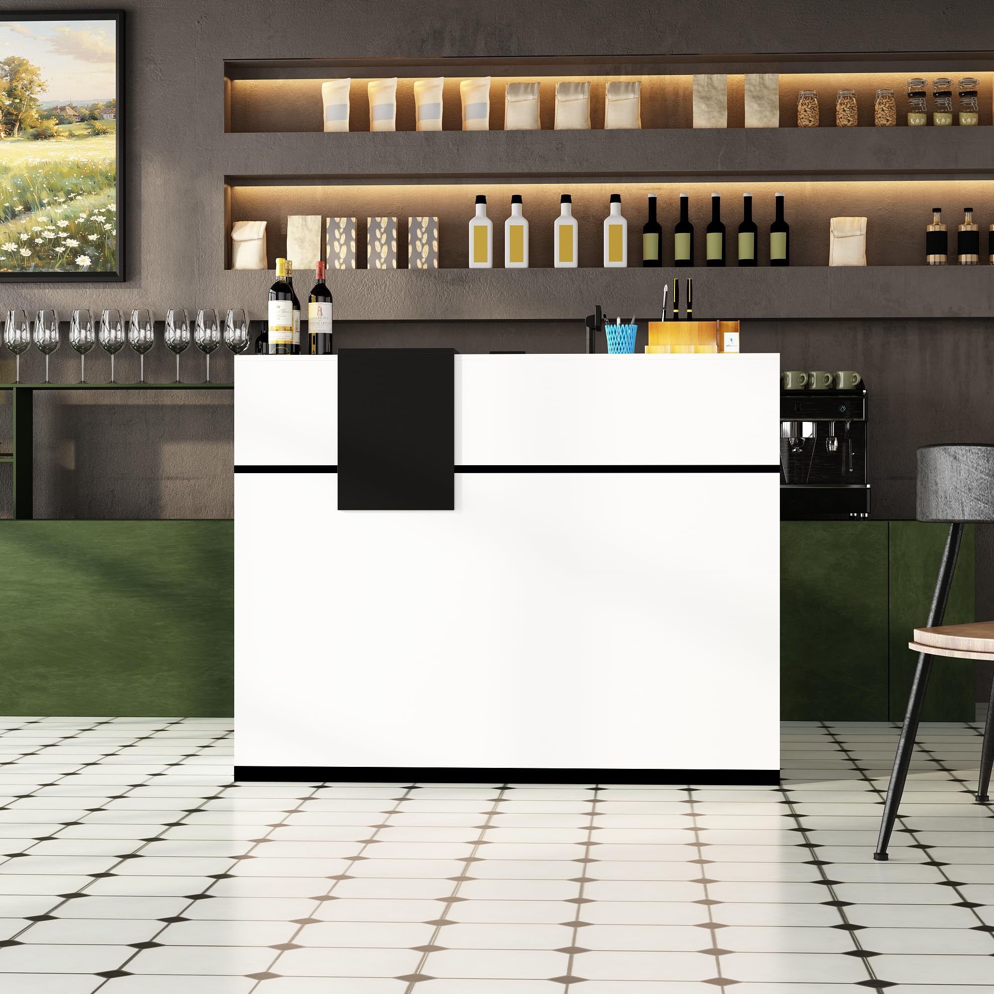 Banco di reception, banchi di reception, banchi di ricevimento, bancone con cassetti e armadi chiudibili, bancone con ripiani aperti regolabili, 140 x 60 x 110 cm, MDF