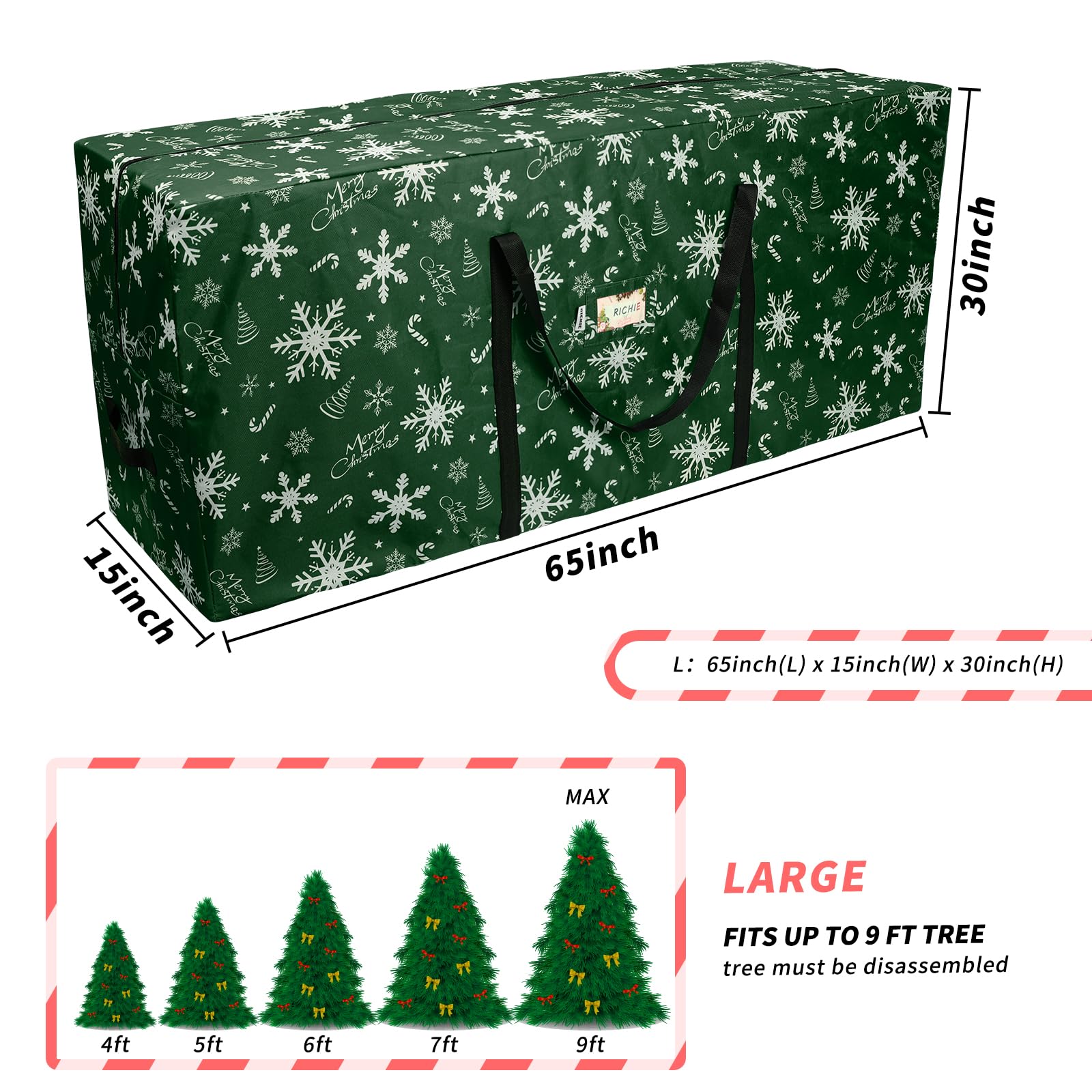 RICHIE Christmas Tree Storage Bag 9 ft, 600D Oxford Tear-proof Xmas Tree Bag, Fits Up to 9 Foot Artificial Trees, Reinforced Handles & Zippered & Durable, Holiday Decoration Storage Bags, Green