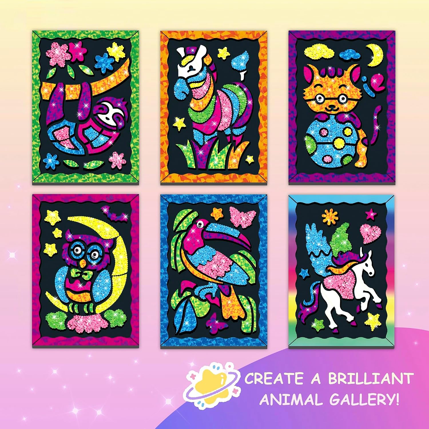JoyBox Unicorn Foil & Glow Sand Art Kit — 6 Magic Animal Scenes, Mess-Free image 2
