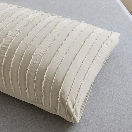 Miniatura 4 de JELLYMONI Paquete de 2 fundas de almohada de color gris crema, tamaño King, fundas de almohada de microfibra suave a rayas con cierre de sobre