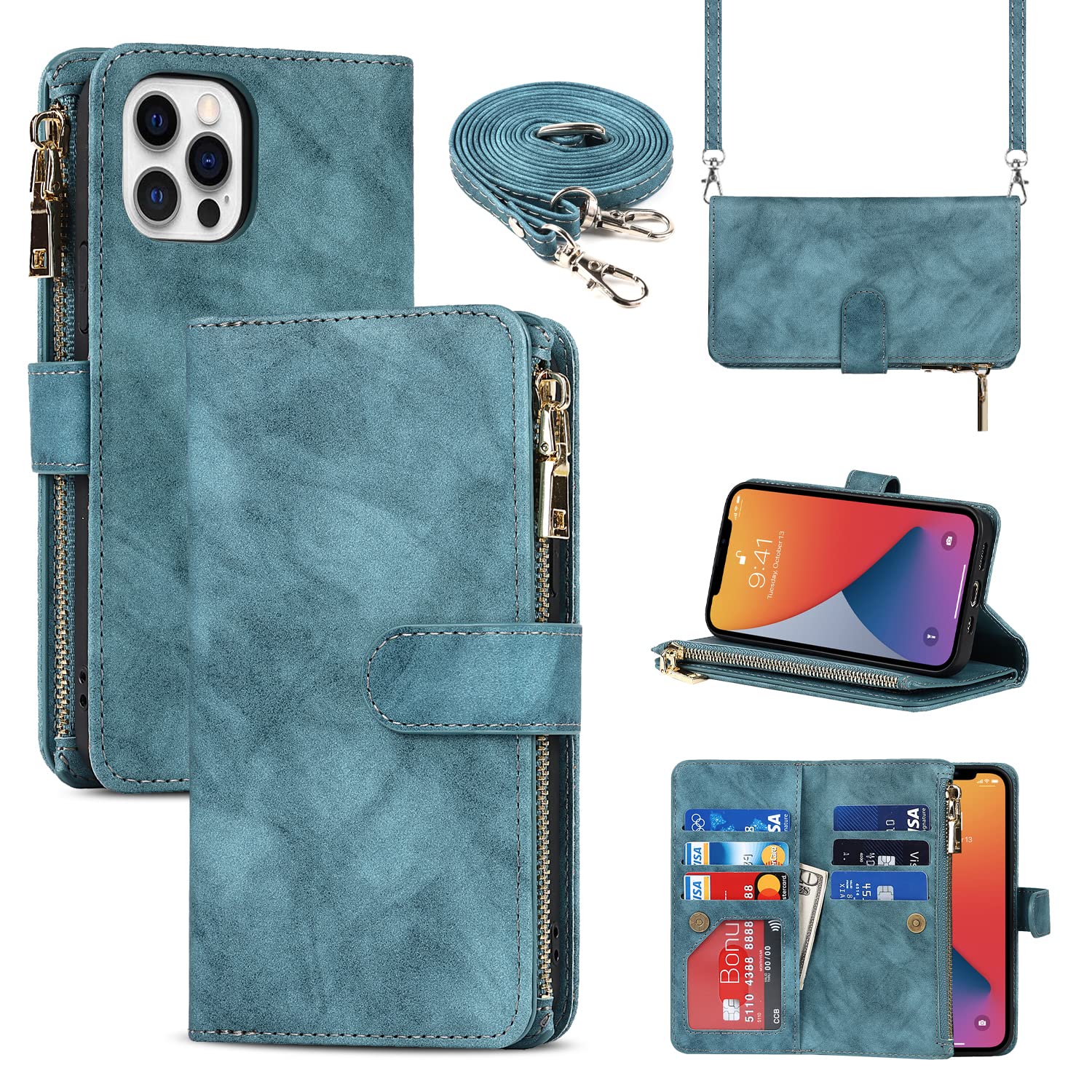 SailorTech Leather Case Crossbody Case for iPhone 12/12 Pro Flip Case Folio Cover with Card Slots Magnetic Buckle Zipper Wallet Case with Adjustable Necklace Strap Lanyard Cases Blue