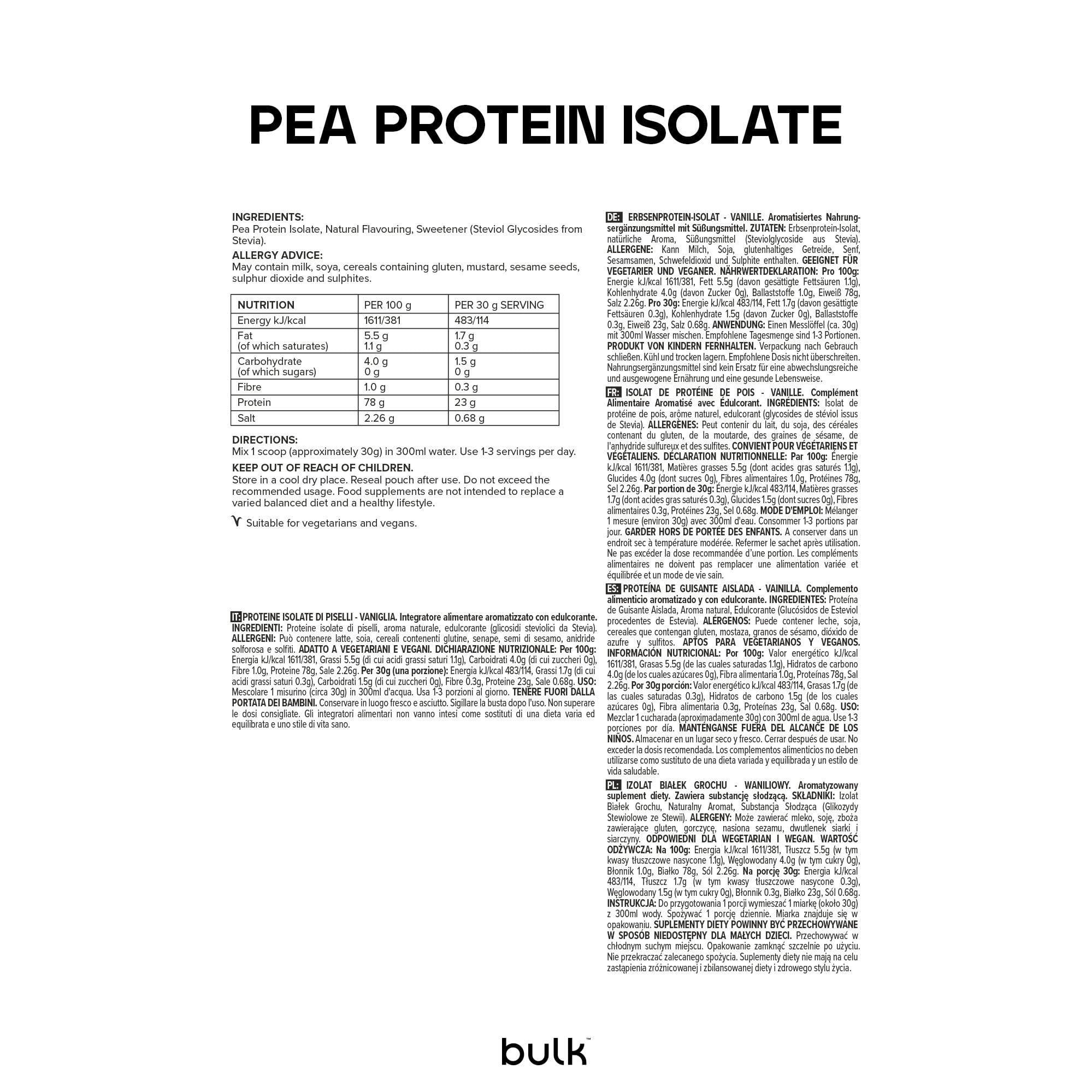 Bulk Pea Protein Isolate Powder, Vegan Protein Shake, Vanilla, 1 kg