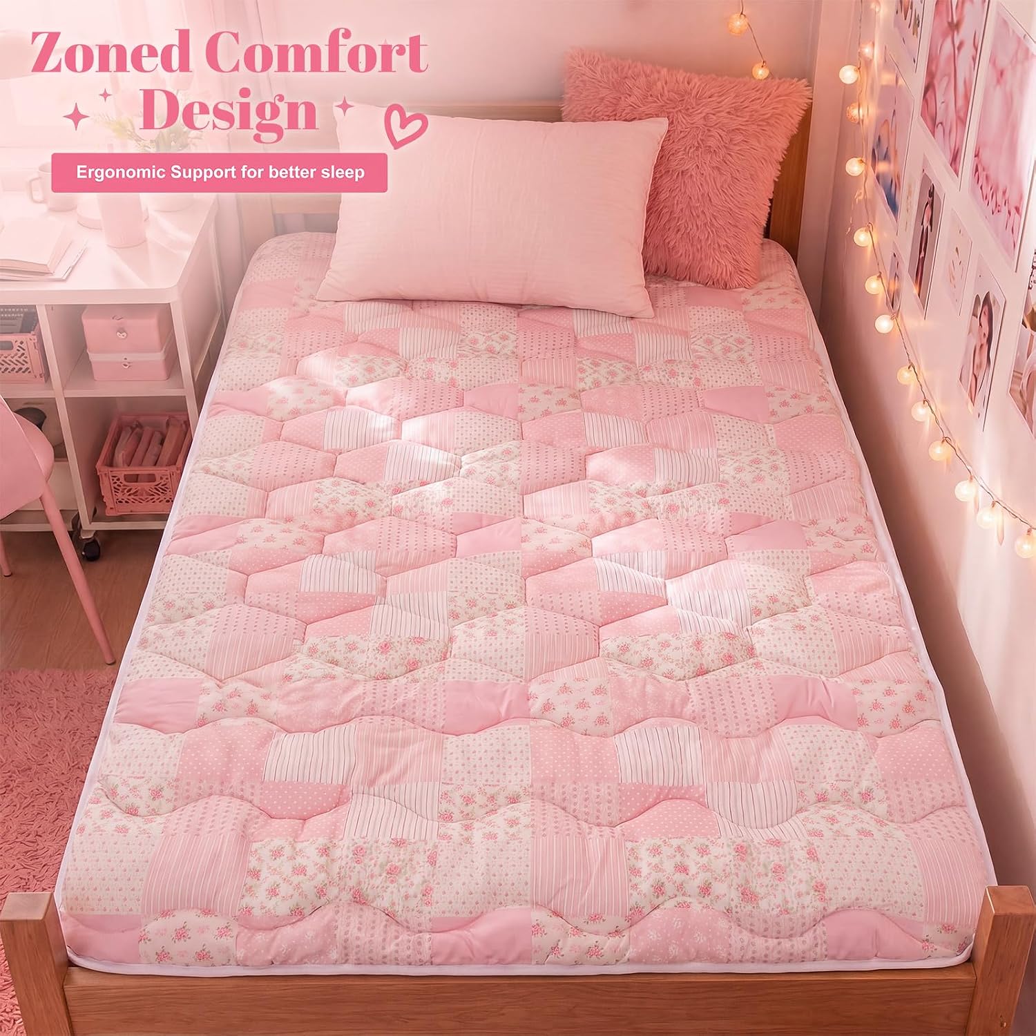 Twin XL Mattress Pad Soft Pink Quilted Mattress Topper Fabric Checkered for College Dorm Extra Long Twin Fitted Bed Protector with 8-21" Deep Pocket, Washable Dorm Gift, 39"x80"
