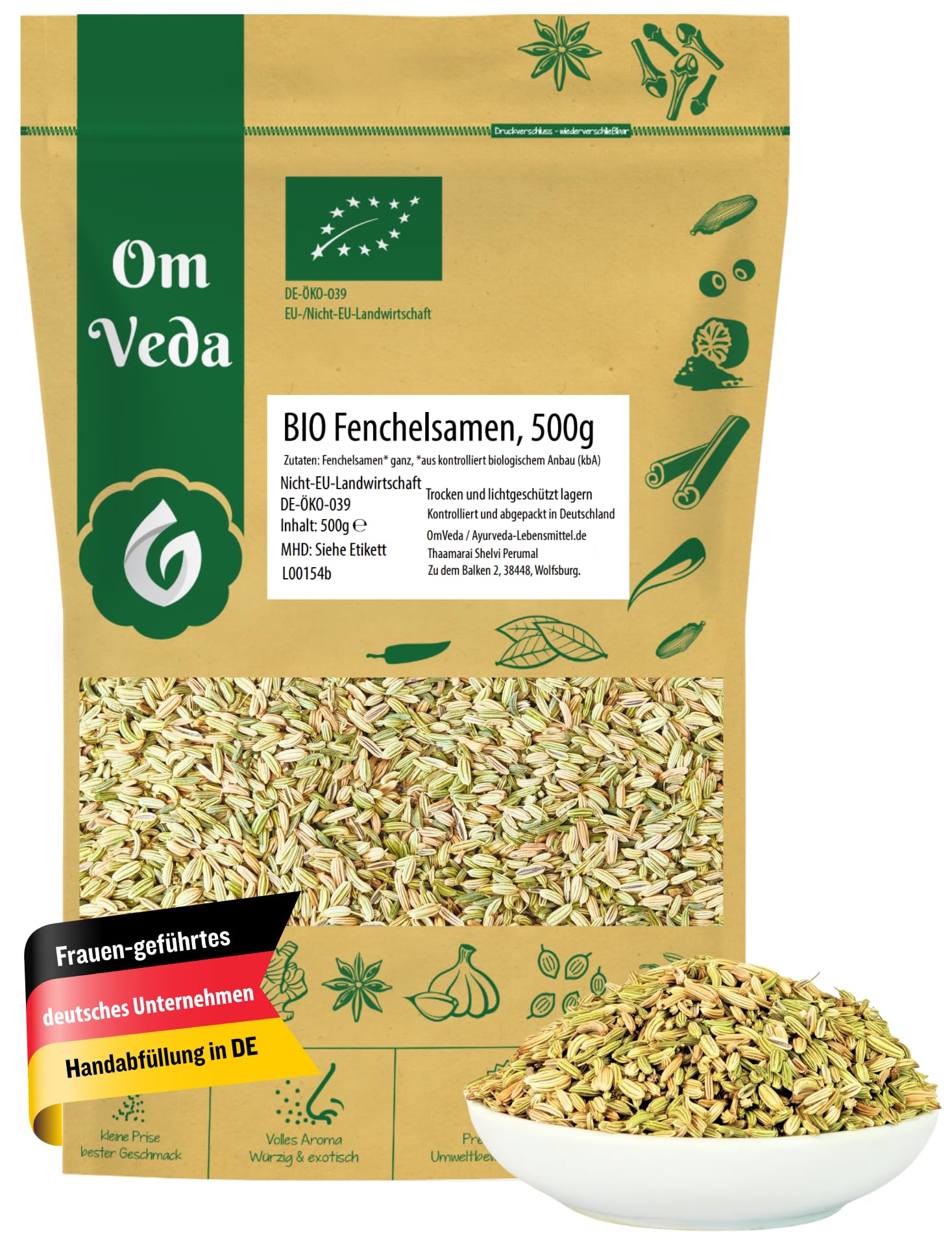 BIO Fenchelsamen 500g Fenchel Gewürz Fenchelsaat Fennel Seeds ganz | BIO-Qualität | Teegewürz Kräutertee Fencheltee | OmVeda Gewürze | Für Küche und Tee