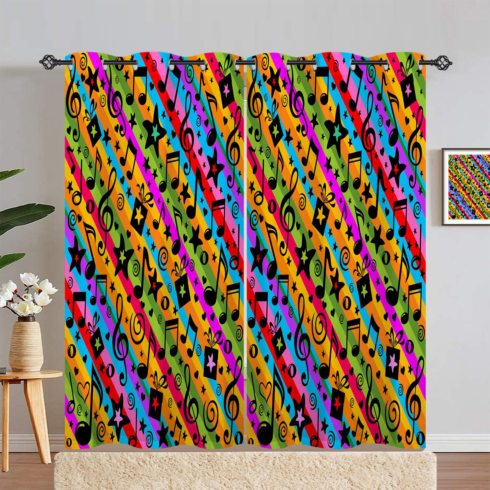 ANHOPE Colorful Music Curtains Eyelet Thermal Insulated Blackout Curtains Musical Notes Gift Box Stars Print Pattern Ring Top Drapes for Kids Girls Bedroom Living Room 46 x 90 Inch Drop 2 Panels