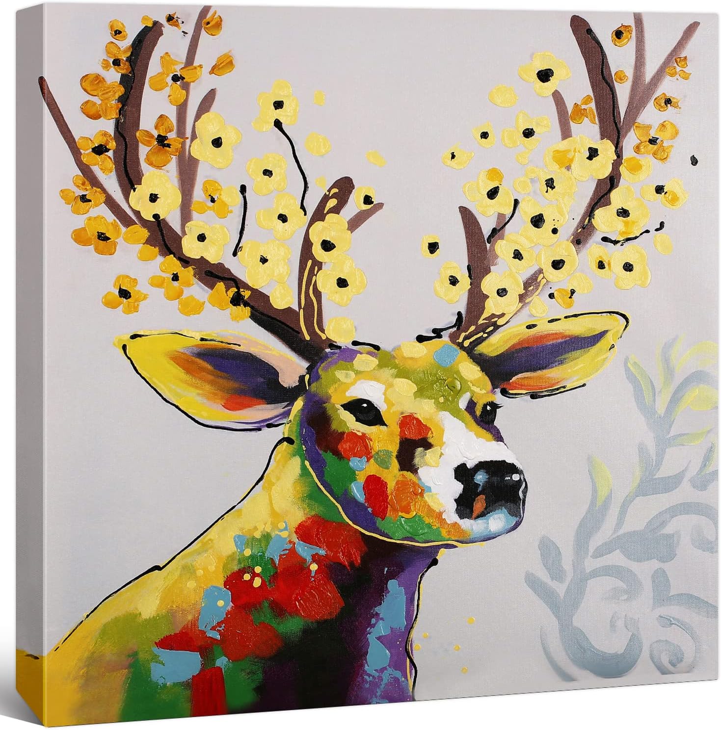 Modern Animal Pop Art - Framed - Colorful Deer with Flowers Canvas Print Home Decor Wall Art, Gallery Wrap Inner Frame, 24x24