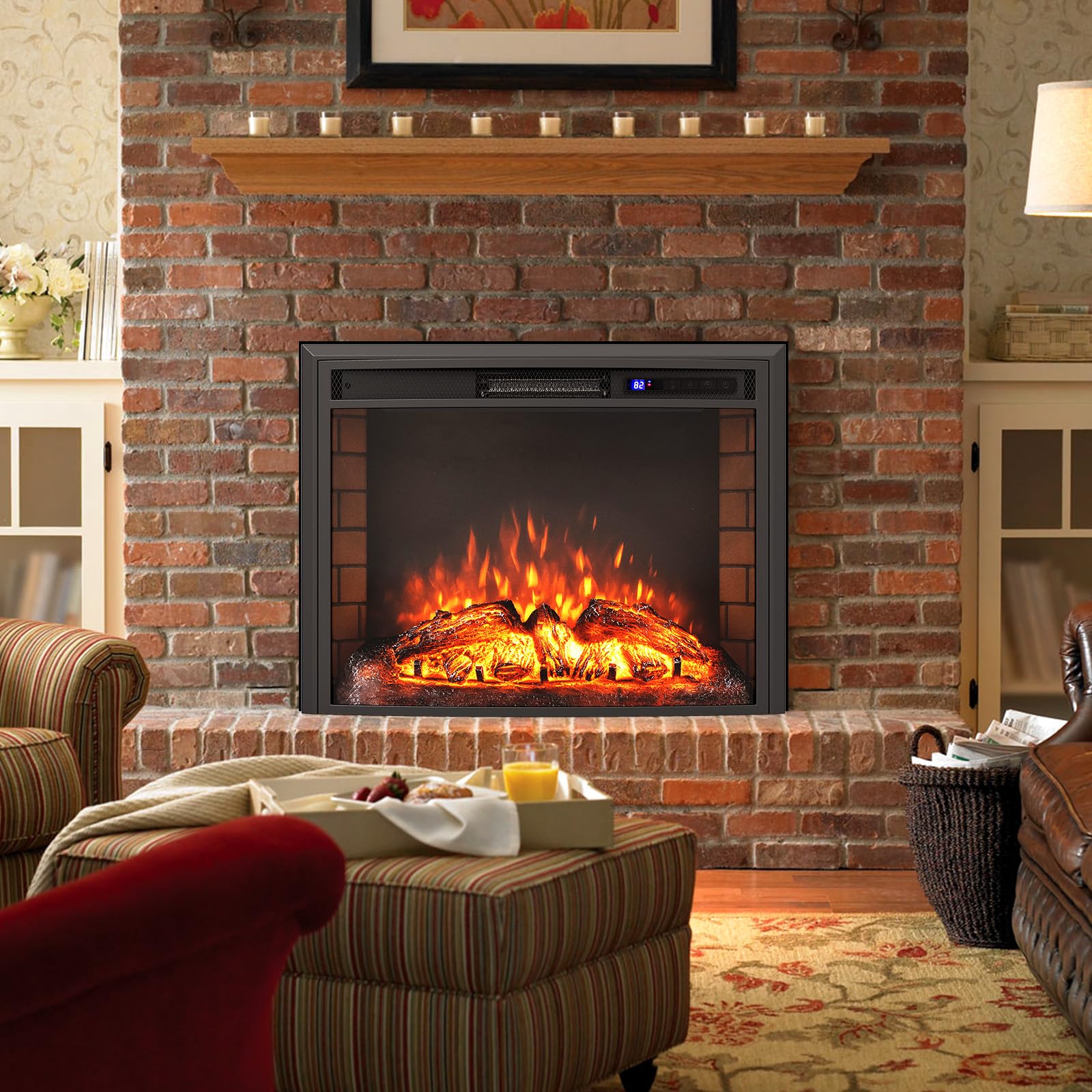 COSTWAY Cheminée Électrique Murale Encastrable Courbé, Cheminée Chauffage 17°C à 28°C 750W/1500W avec Télécommande, Protection Contre Surchauffe Minuterie 6H 3 Couleurs 6 Luminosité de Flammes