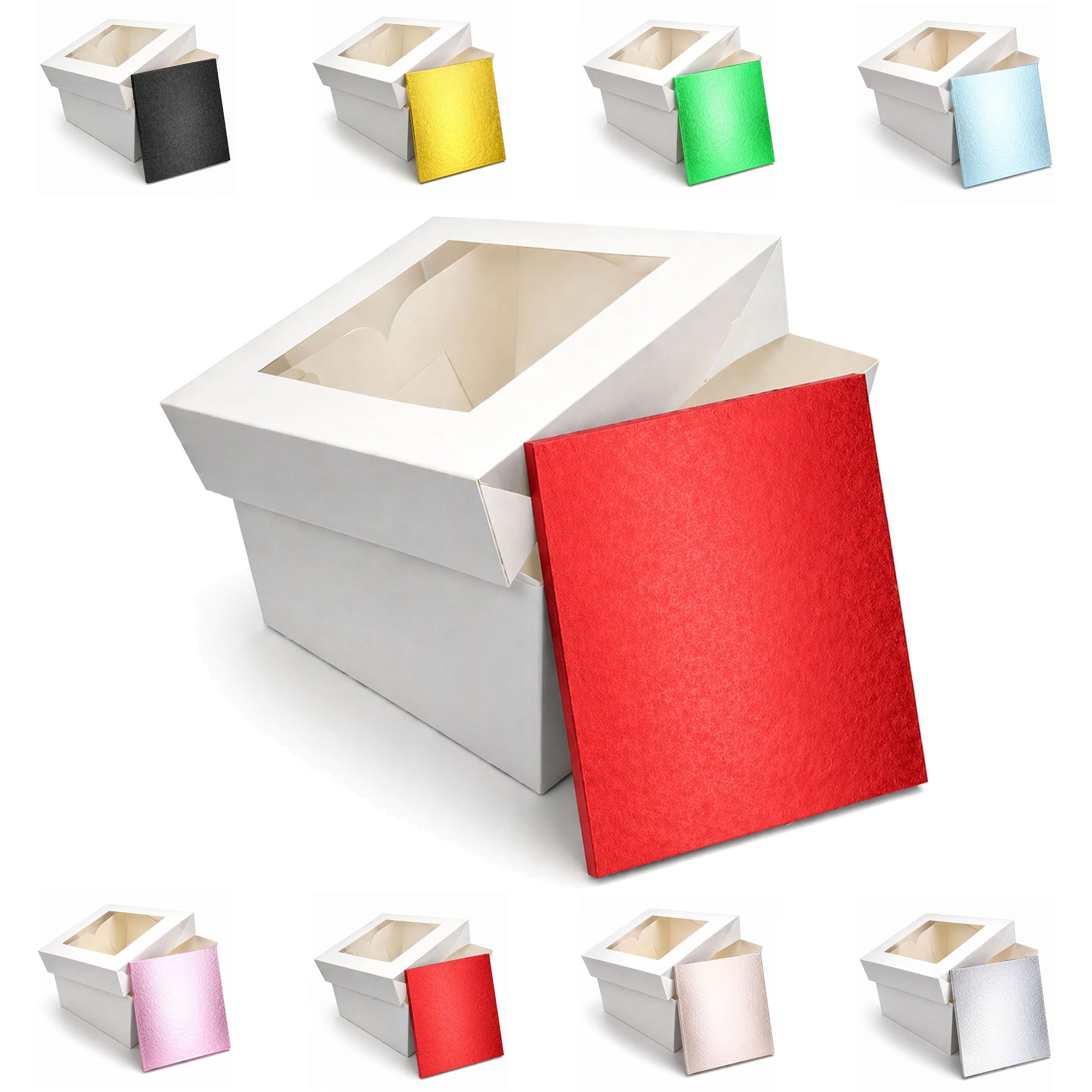 LARRYROO Square Colour Cake Drum Board & White Box with Clear Display Window + Lid Combo Pack for Wedding, Birthday Cakes (Red, 10 Inch)