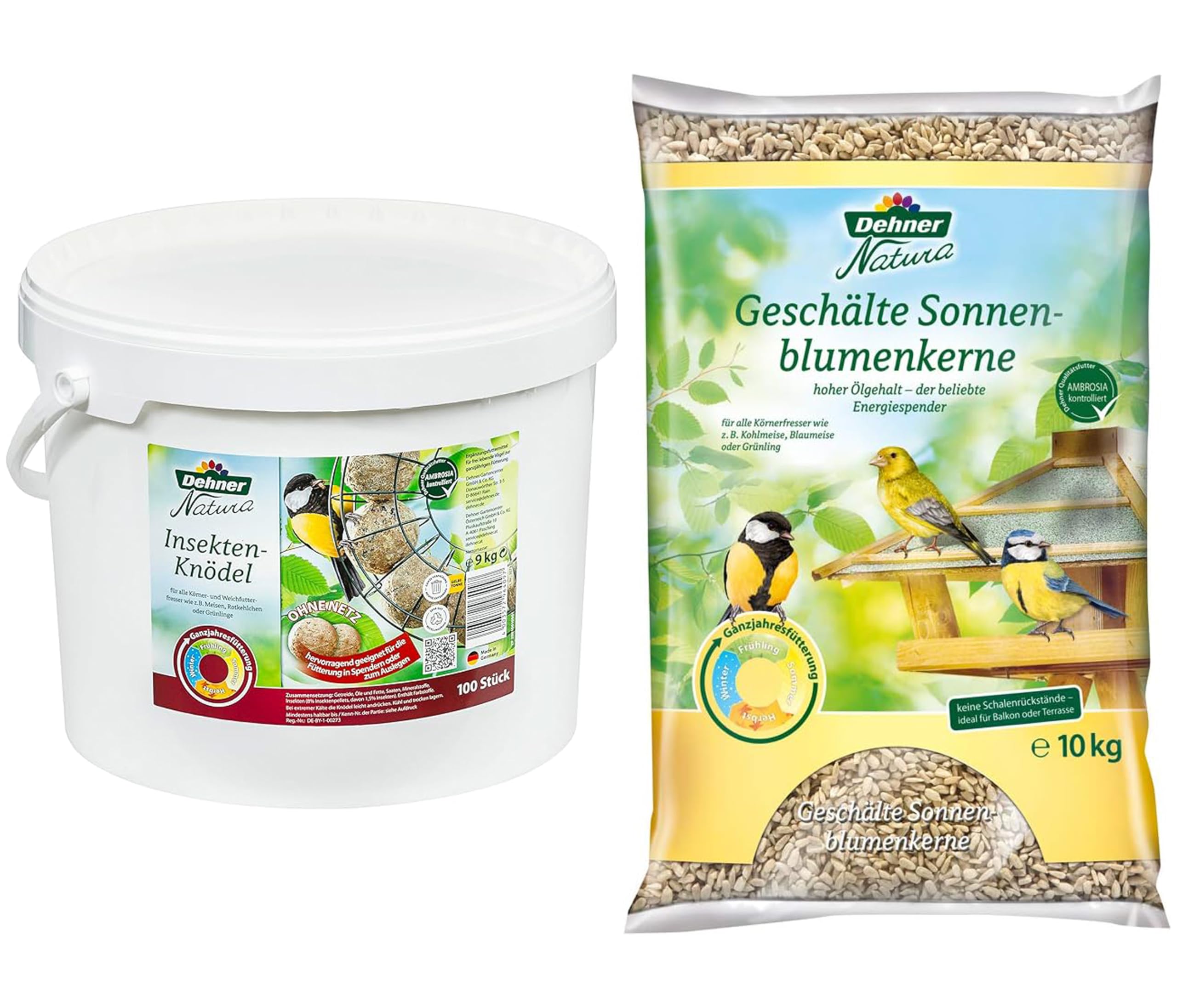 Dehner Natura Wildvogelfutter, geschälte Sonnenblumenkerne, 10 kg & Natura Wildvogelfutter, Insekten-Knödel, ohne Netz, 100 Stück (10 kg)