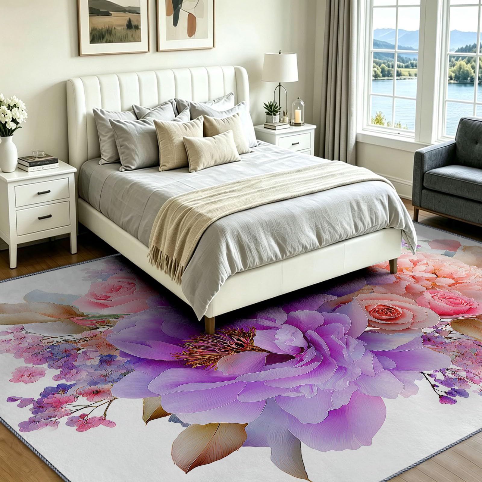 Generisch Botanisch Floral Blumen Teppich Wohnzimmer 80 x 150 cm, Weiß Waschbarer Teppich Wohnzimmer Schlafzimmer, Antibakteriell Antirutschunterlage Küchenteppich