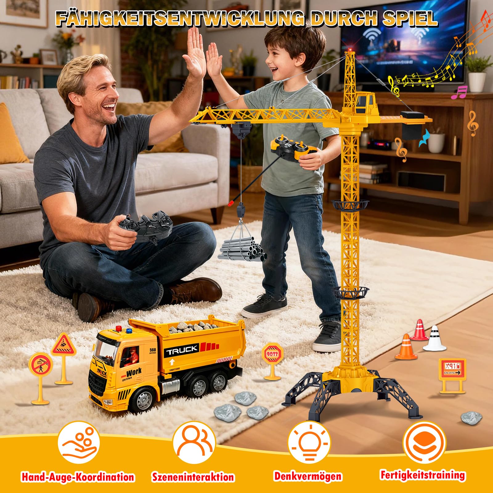 HILKKET Gru a Torre Telecomandata 138 cm, RC Gru a Torre, 2,4 Hz, 6 Canali Grue Telecommandée, Crane De Chantier Enfant con RC Dumper, Luci, Suono Grue Radiocomandata pour Enfants
