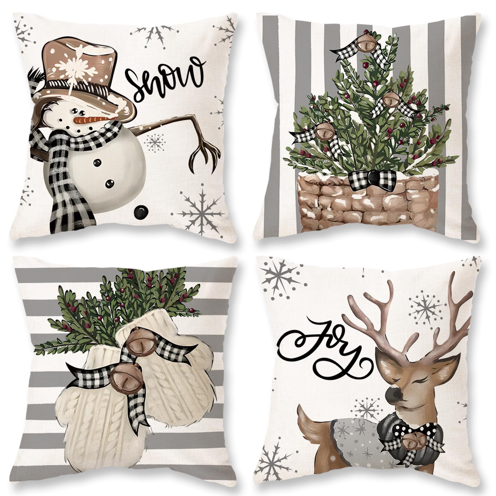 ORCHID M® Christmas Stripes Pillow Covers Eucalyptus Throw Pillow Covers, 18 x 18 Inch Snowman Reindeer Gloves Throw Pillows Winter Holiday Decoration Cushion Case for Sofa Couch Home Decor