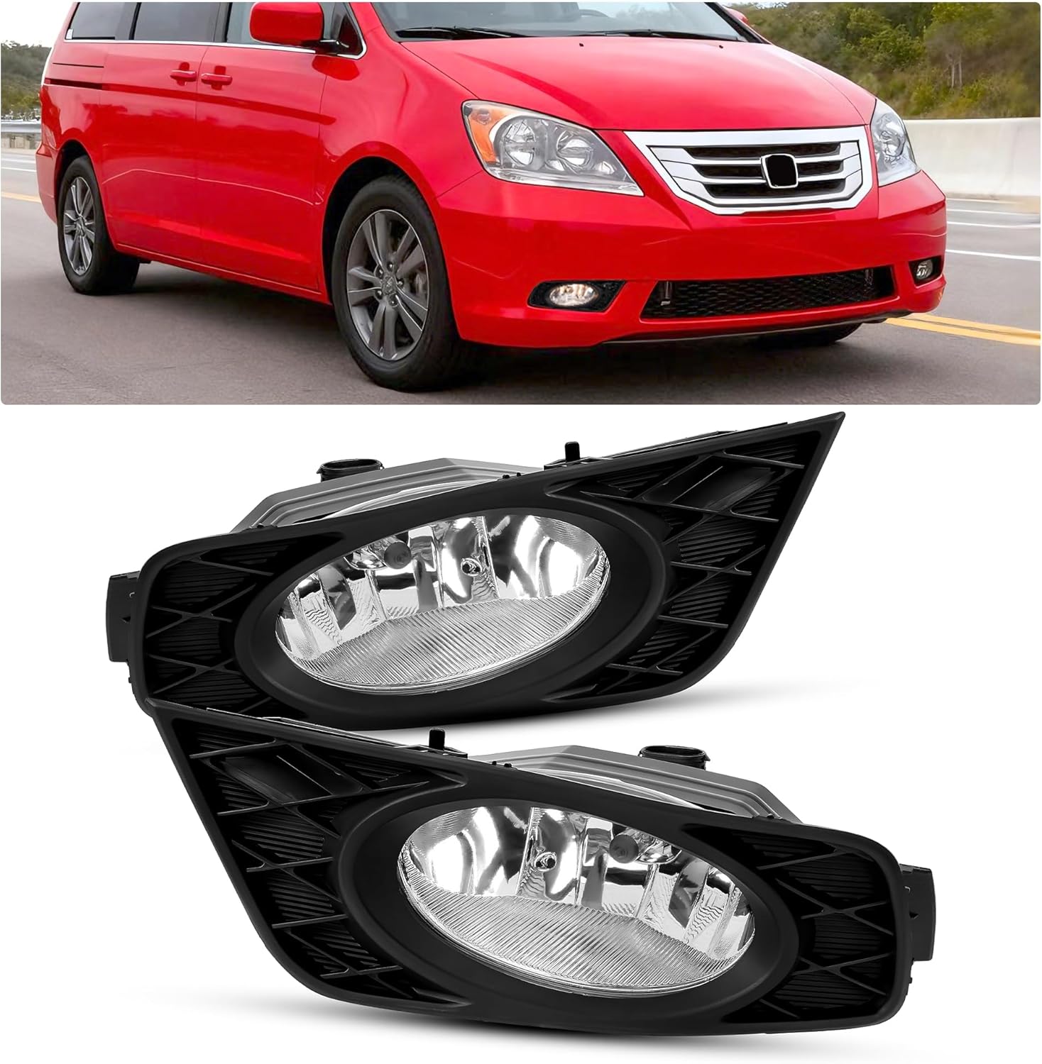 Front Fog Light Pair Compatible with 2008-2010 Honda Odyssey Bumper Fog Lamp Assembly Clear Lens Plastic+Glass Replacement for HO2592121 HO2593121 LH & RH