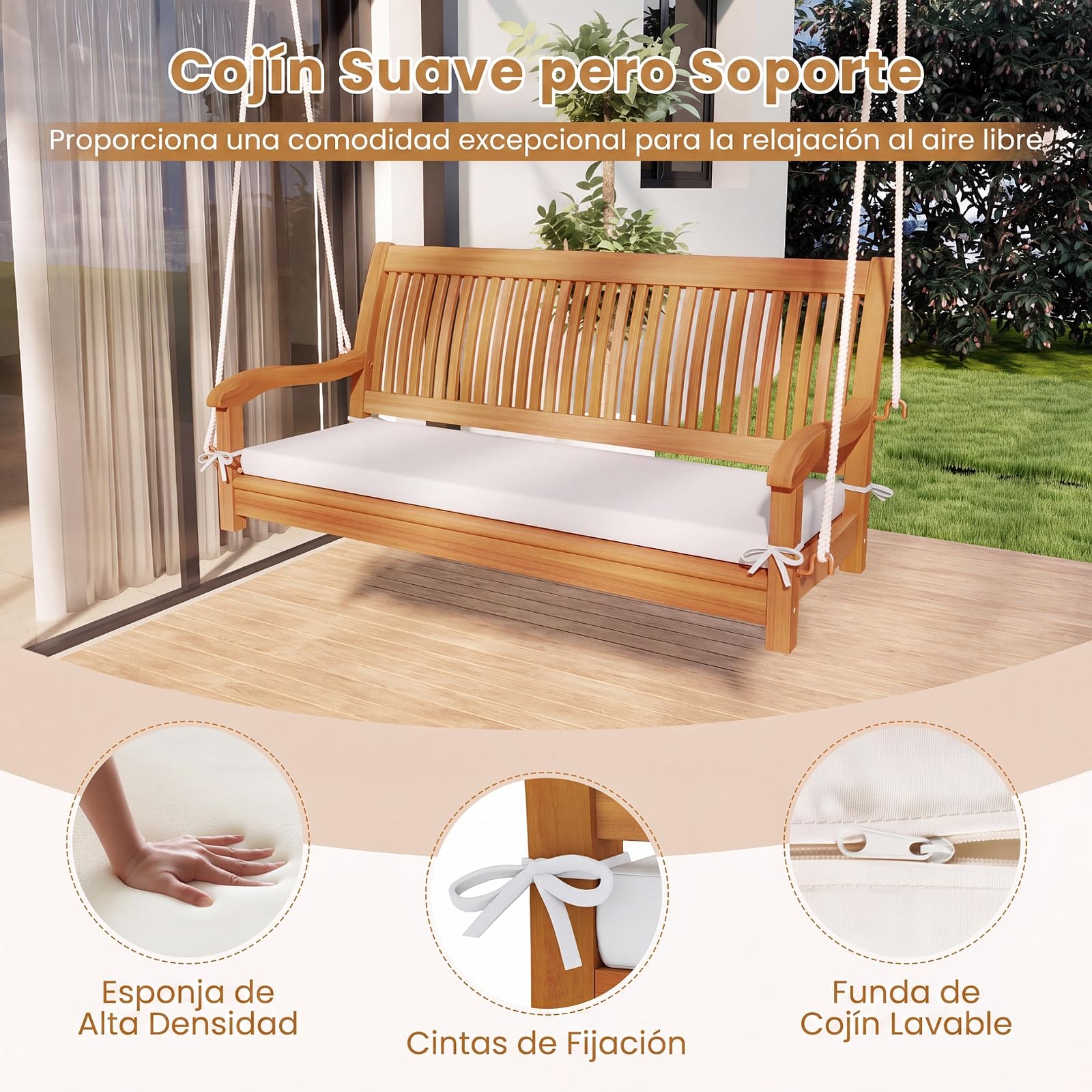 COSTWAY Banco Columpio de Jardín de 2 Plazas, Banco Colgante de Madera de Acacia con Cojín, Ganchos en S, Asiento de Listones, Respaldo y Reposabrazos, Silla Colgante para Exterior Patio, Carga 360 kg