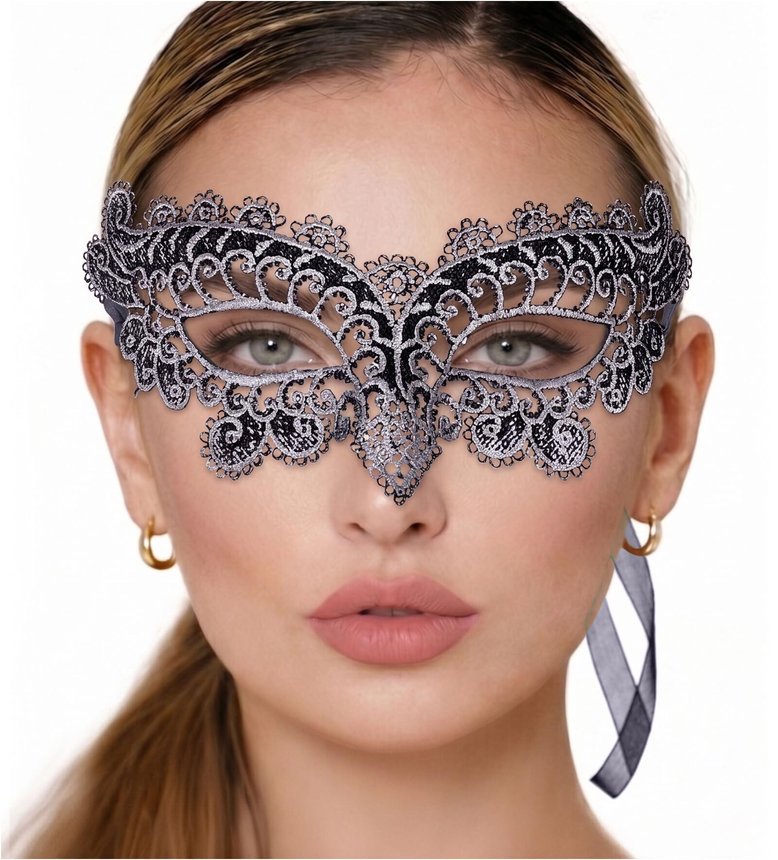 Masquerade Mask For Women Lace Masquerade Mask for Masquerade Party Prom Venetian Party Mardi Gras Halloween, Flower Black Silver, One Size