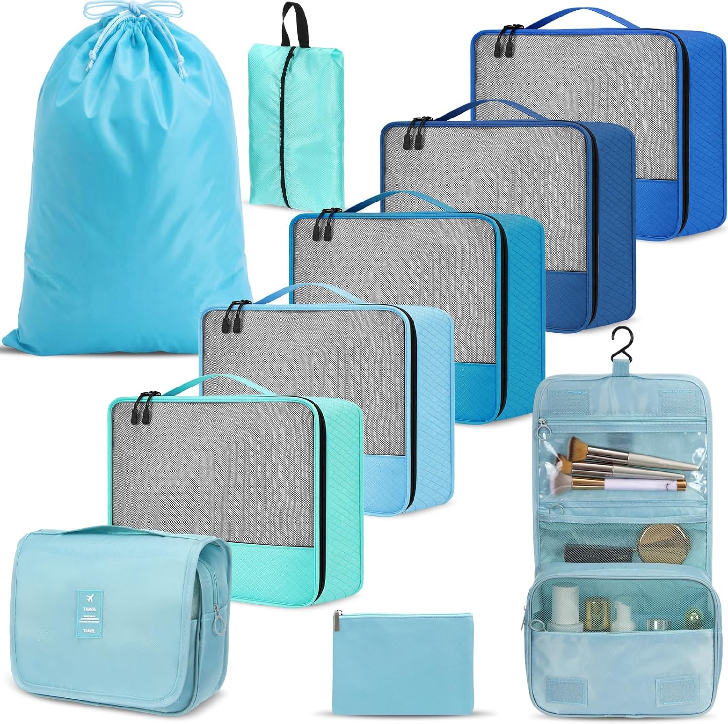 9 Pcs Packing Cubes Set for Travel with Waterproof Clothing Cubes Toiletry Shoe Laundry Jewelry Bag for Women Men(Light Gray)