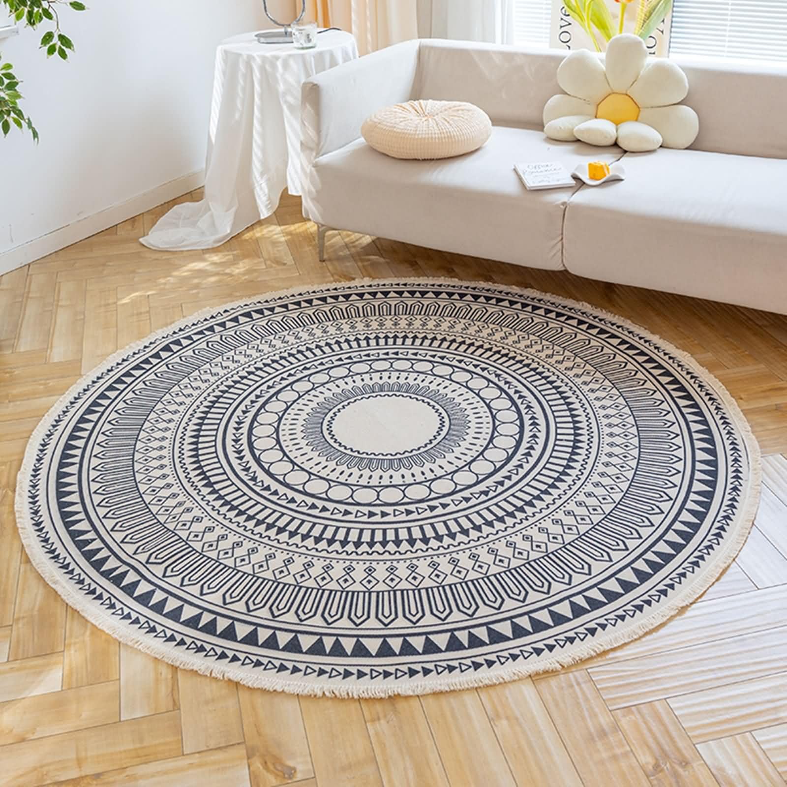 Tappeto Da Camera Grande, Rotondo Modello stampato in stile etnico con nappe in Cotone Lino Tappeto Soggiorno Lavabile, Grigio Nero, Stile 5, 150cm