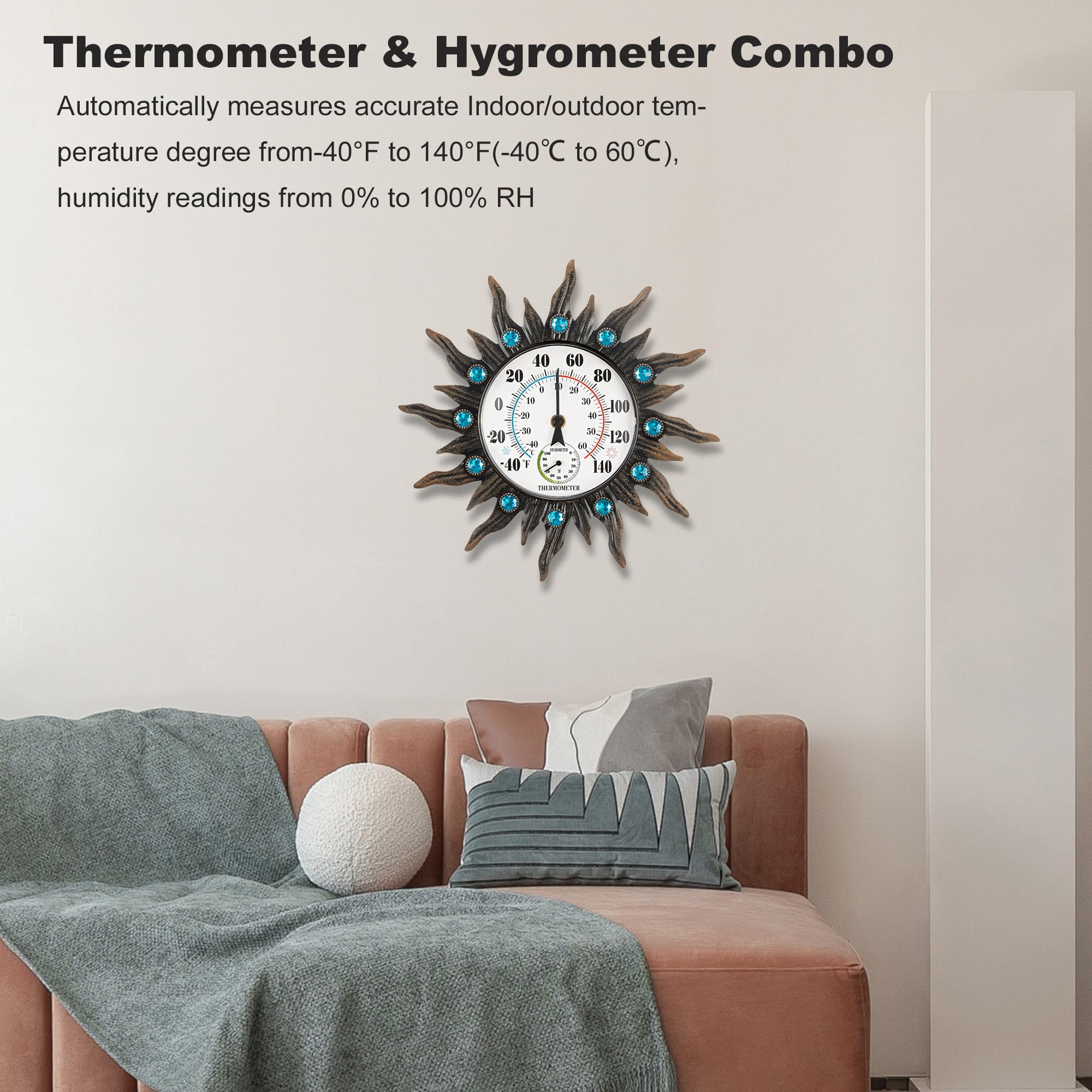 Termómetro higrómetro para interiores y exteriores, impermeable de 13 pulgadas, gran pared solar, termómetros decorativos para patio, jardín, invernadero, fácil de leer, no requiere pilas