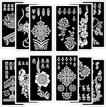 Qpout Tattoo Stencils for Kids and Adults - 12 Sheets Henna Kit for Hands, Mehndi, Real Tattoos, and Airbrush