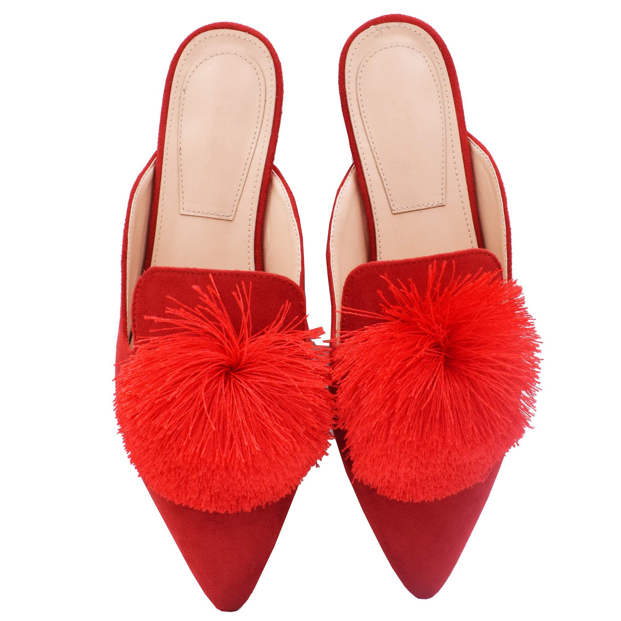 Fericzot Slip On Mule Backless Loafers Flats Puff Pompom Pointed Toe Casual Shoes Slippers