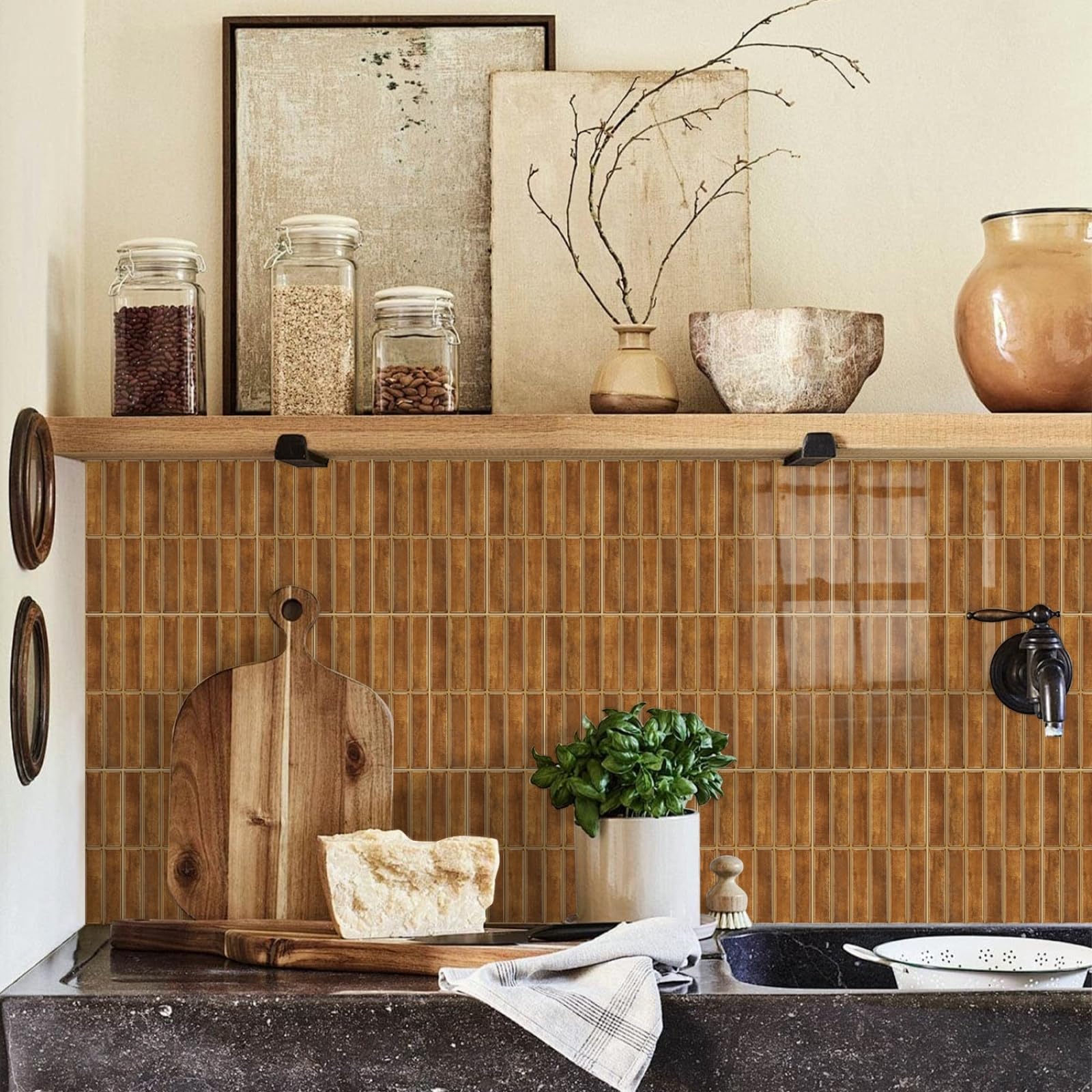 Self Adhesive Wall Tiles Tawny Stick on Thicker Peel and Backsplash for Kitchen Bathroom Tile Stickers