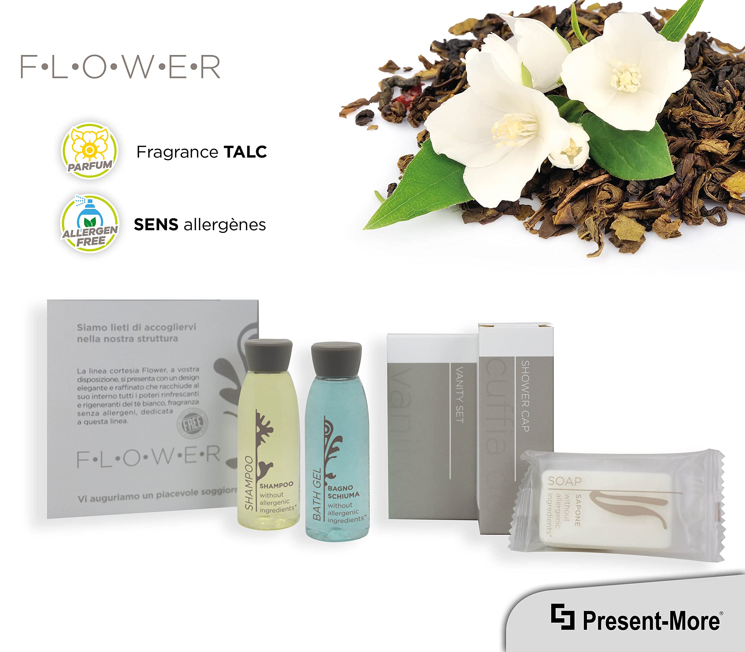 PRESENT-MORE - Kit Accueil 40 Invités Flower - Parfum Thé Vert - Contenu: Shampooing, Gel Douche, Savon, Bonnet de Douche et Vanity - Pour Hôtels et B&B