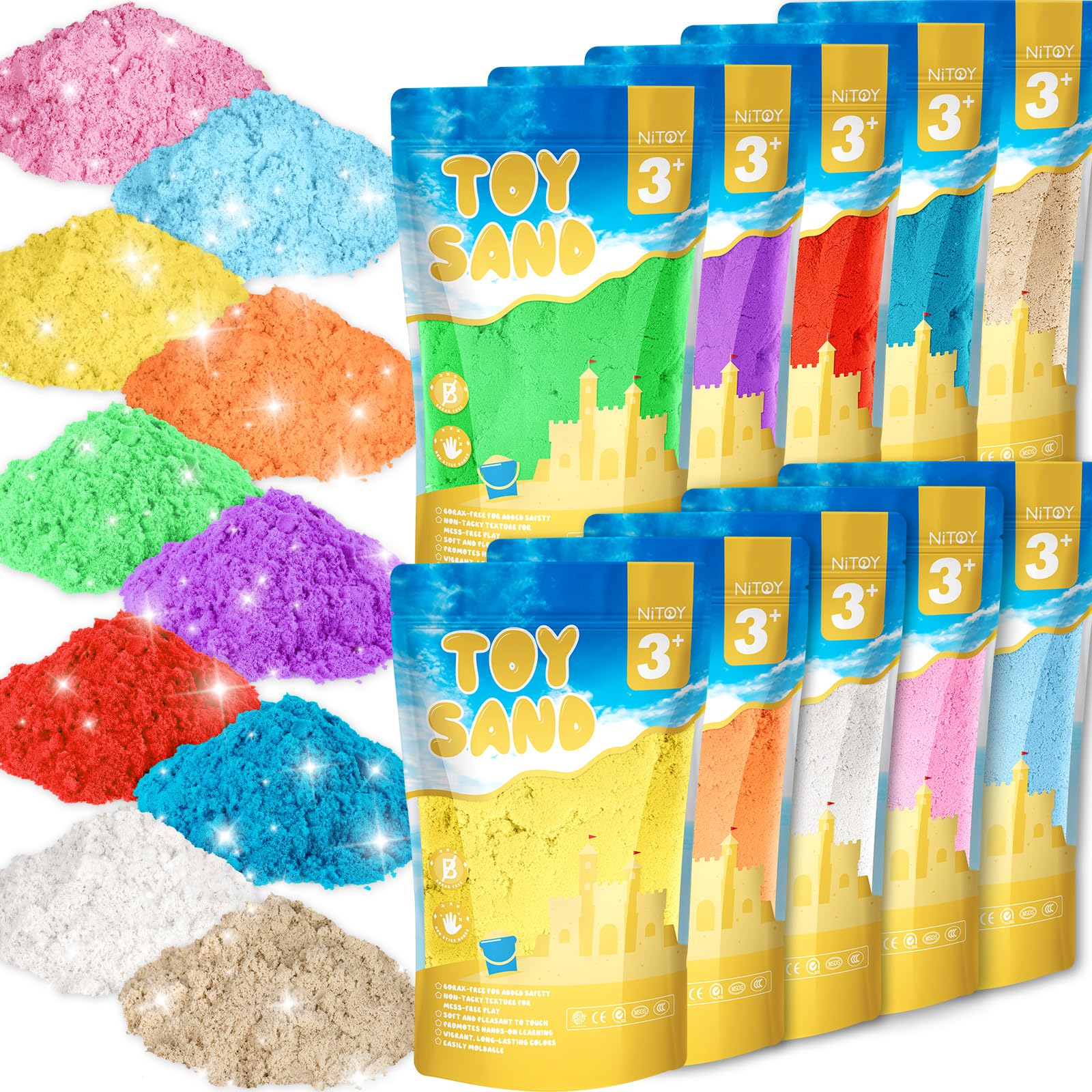 NiToy Value Pack 18 lbs of 10 Coloured Moldable Self-Sticking Sand, Never Dries Out-Fun for 3 Years and Up Kids Bulk Refill for Sensory Sand Box Toys, Ideal for Shaping, Squeezing and Moulding